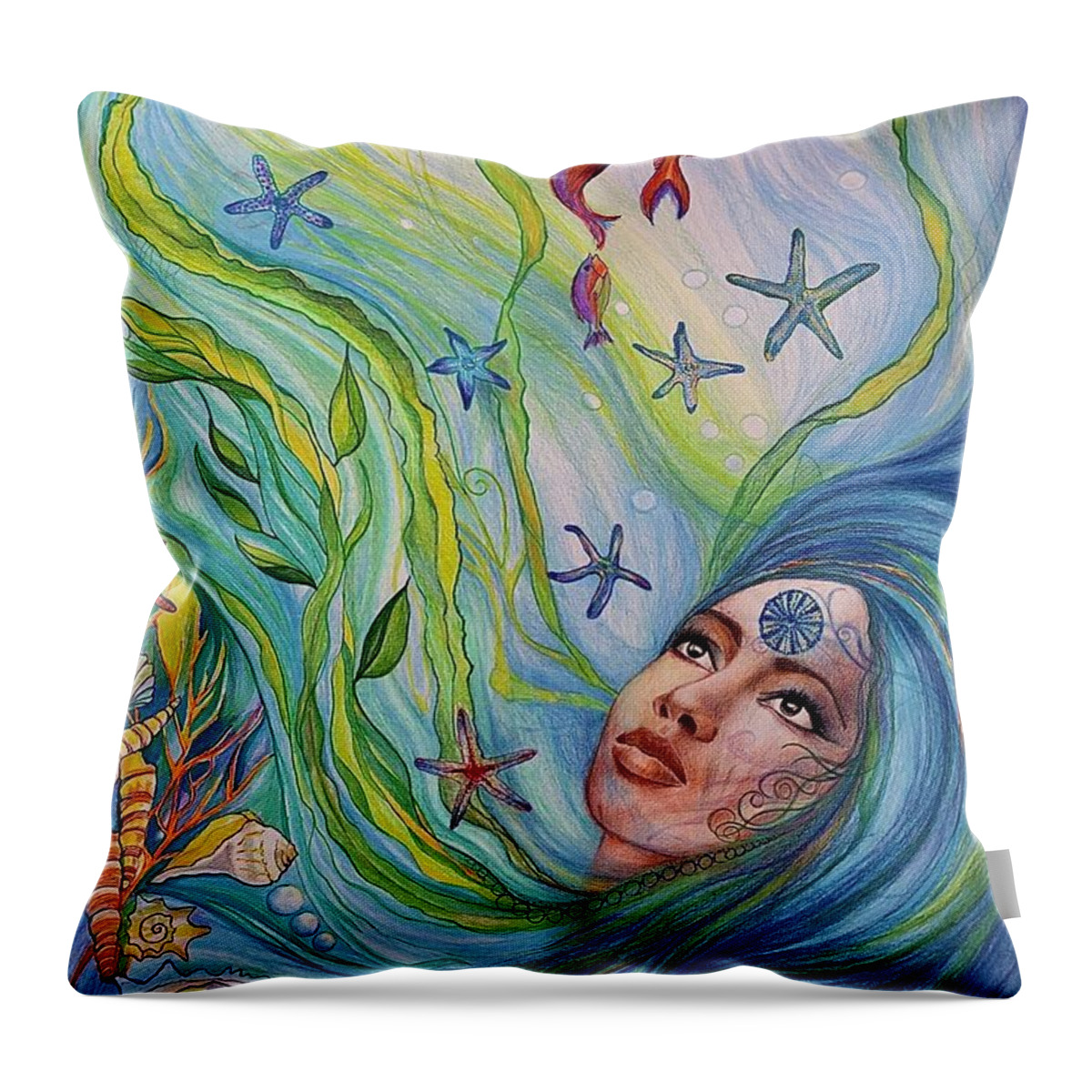 Ocean Warer Fairy Throw Pillow featuring the drawing Water serpent by Bernadett Bagyinka