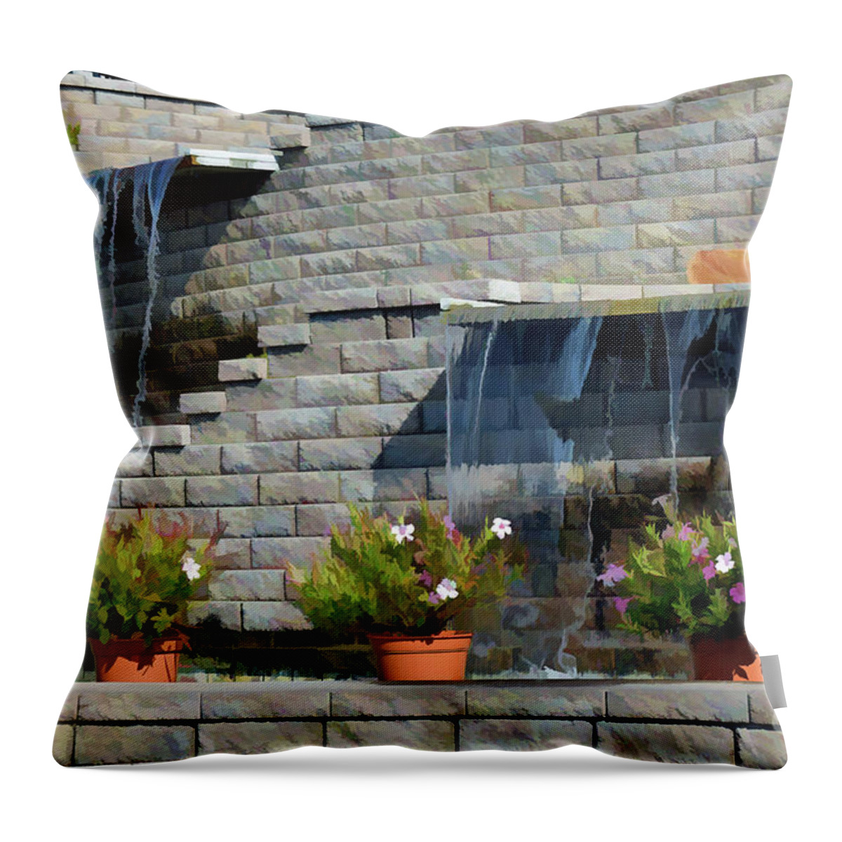 Landscape Wall Throw Pillow featuring the photograph Water Wall with Flowers by Roberta Byram