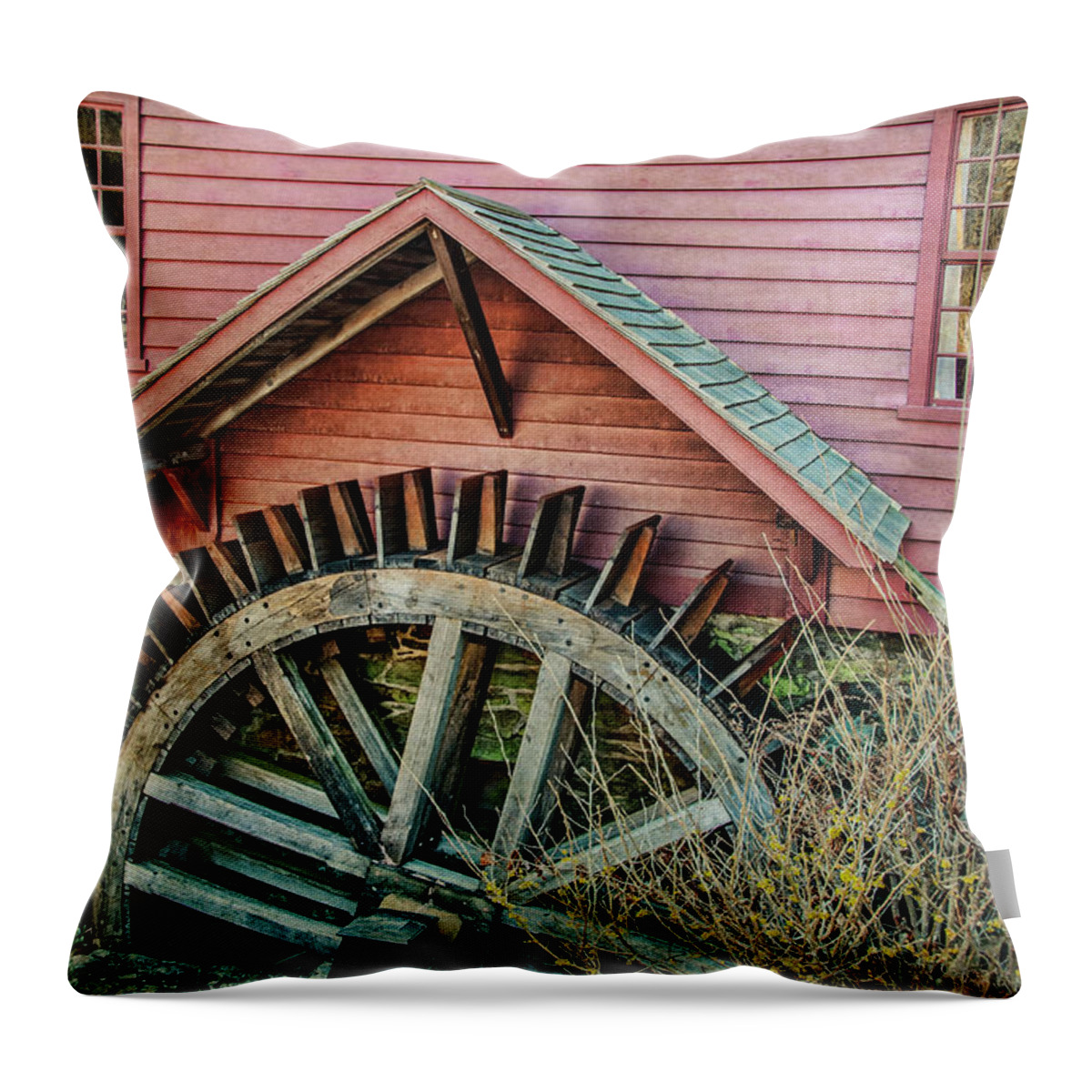 Building Throw Pillow featuring the photograph Water Wheel by Cathy Kovarik