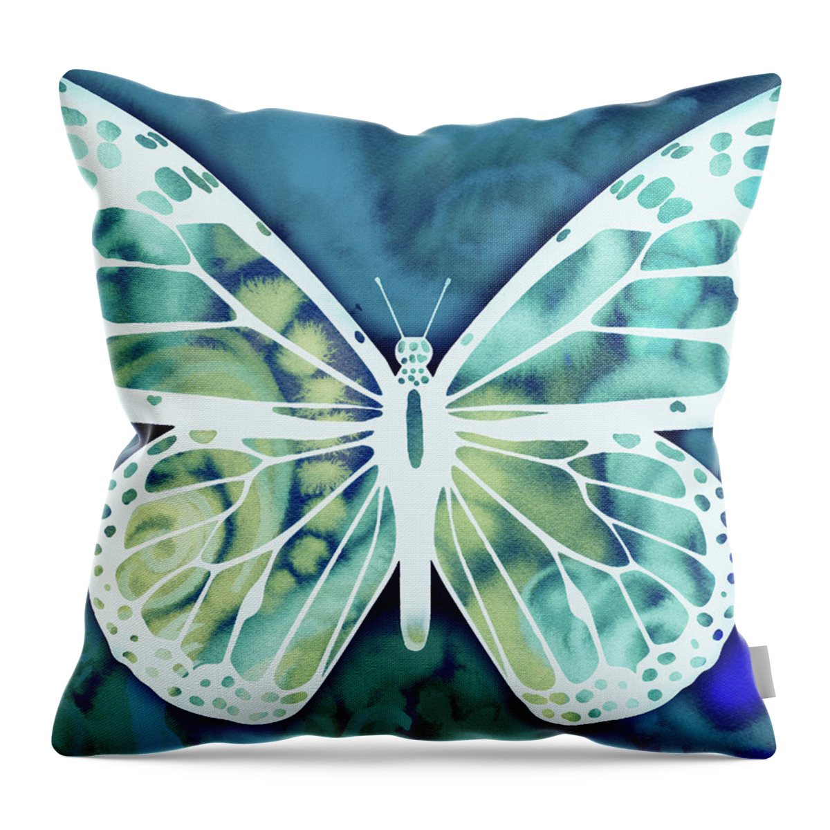 Butterflies Throw Pillow featuring the painting Watercolor Butterfly In Teal Blue Sky III by Irina Sztukowski