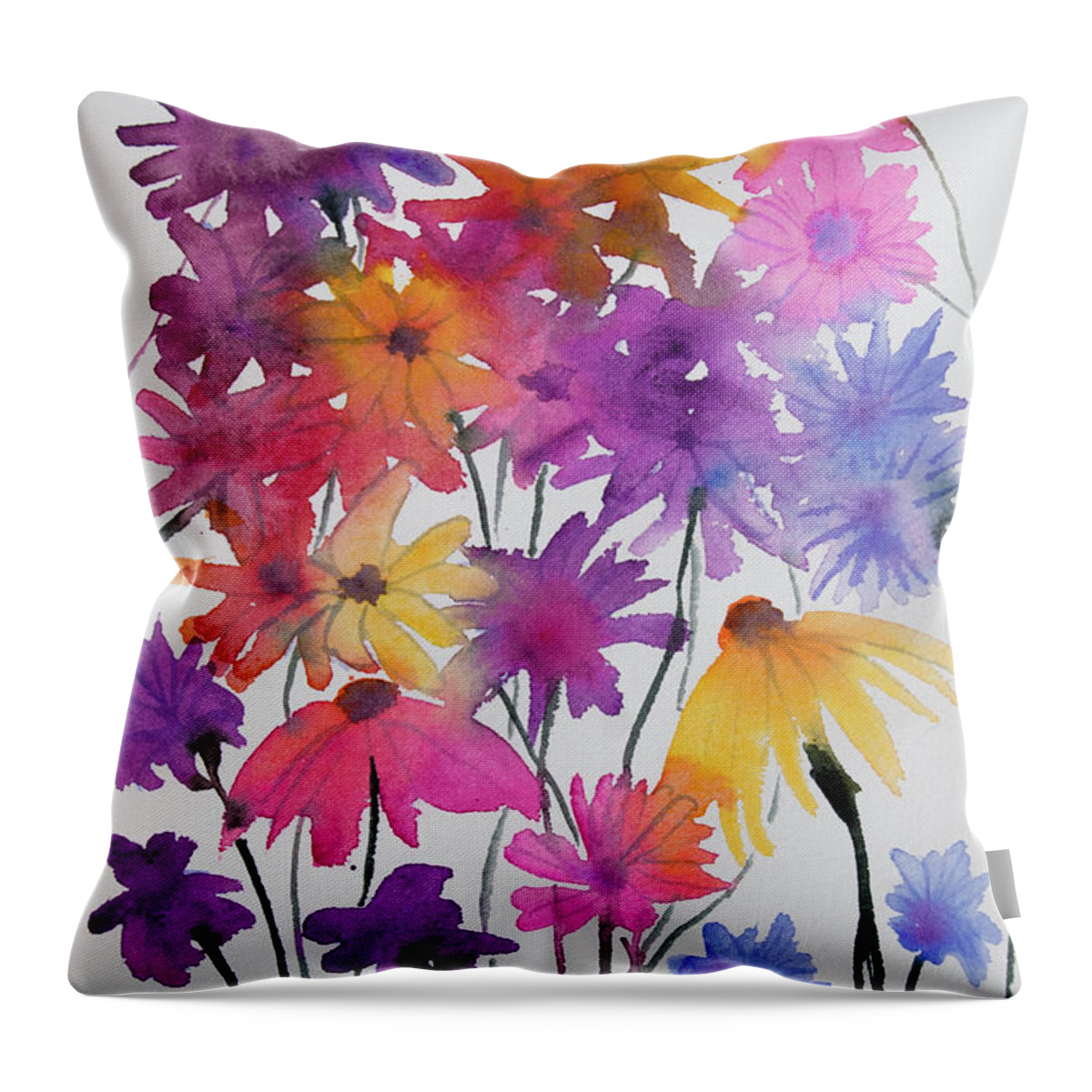 Bloom Throw Pillow featuring the painting Watercolor - Colorful Garden Blooms by Cascade Colors