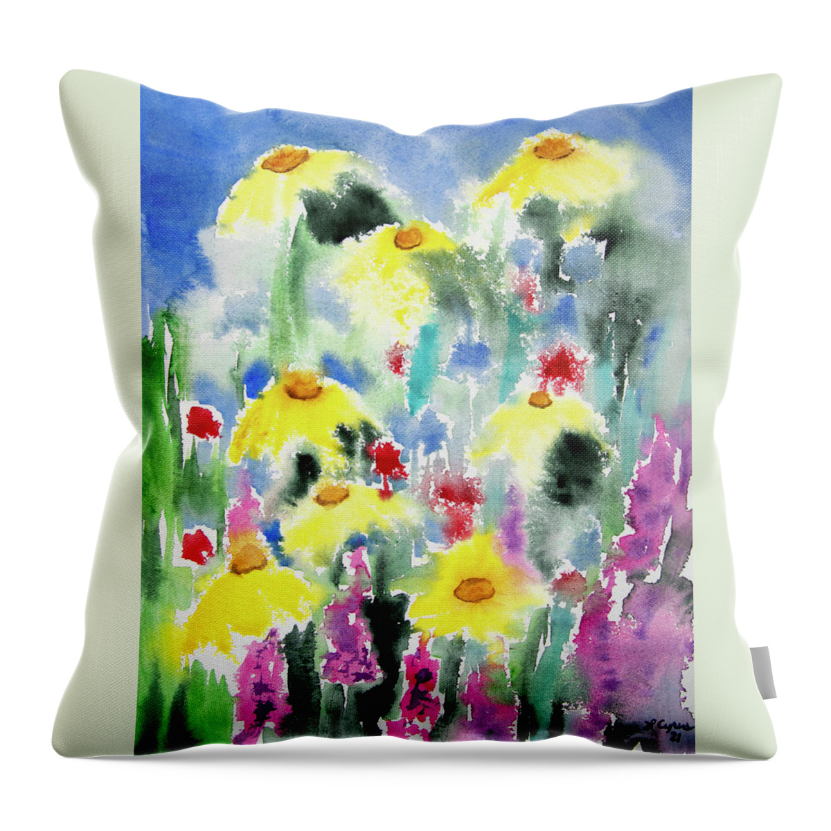 Summer Throw Pillow featuring the painting Watercolor - Colorful Summer Garden by Cascade Colors