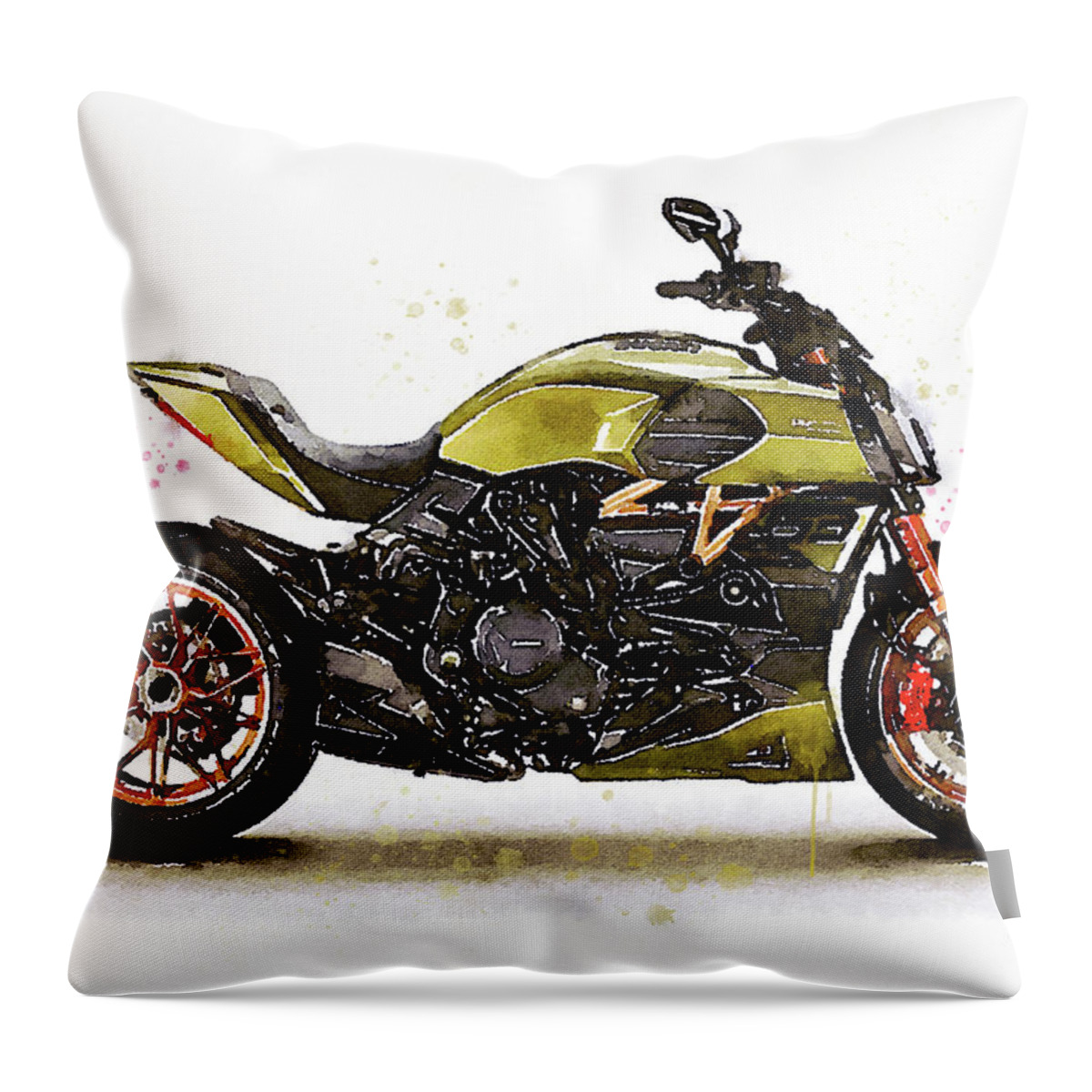 Motorcycle Throw Pillow featuring the painting Watercolor Ducati Diavel Lamborghini motorcycle - oryginal artwork by Vart. by Vart