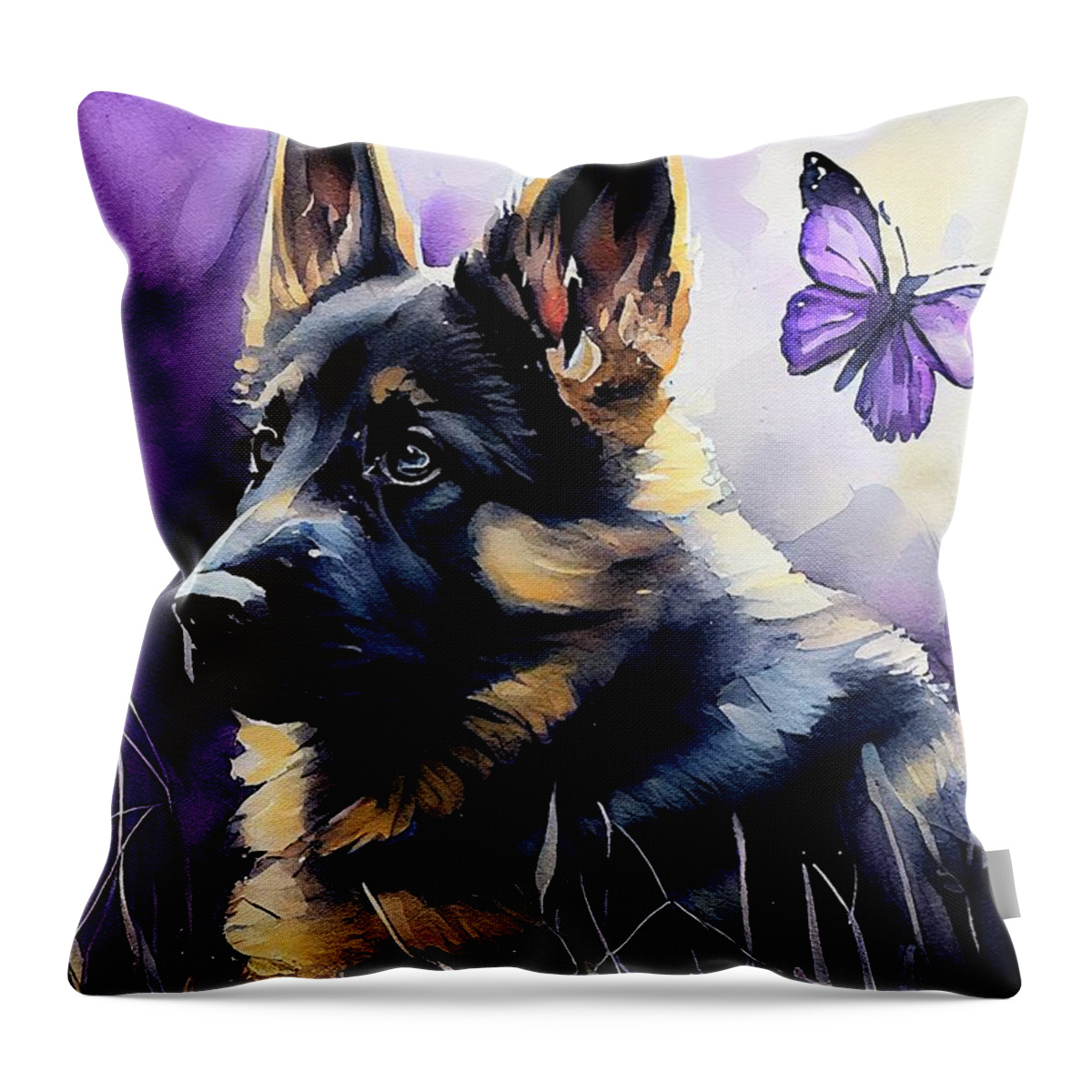 German Shepherd Dog Throw Pillow featuring the digital art Watercolor German Shepherd Puppy and Butterfly 2 by Angie Tirado