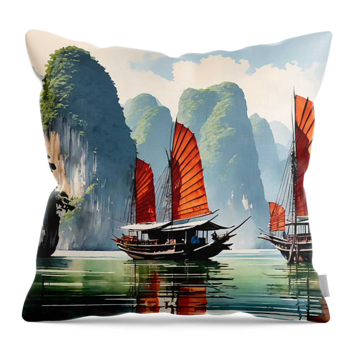 Vietnam Throw Pillow featuring the digital art Watercolor Halong Bay by Manjik Pictures