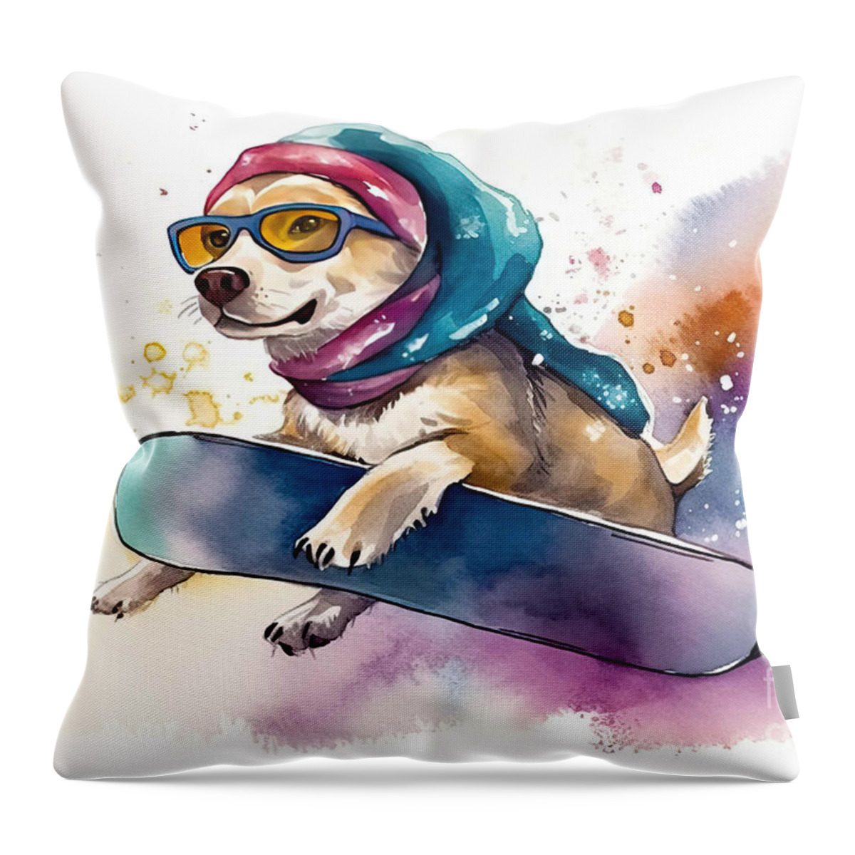 Dog Throw Pillow featuring the painting Watercolor Illustration of a A Funny Dog With Scarf And Ski Gogg by N Akkash