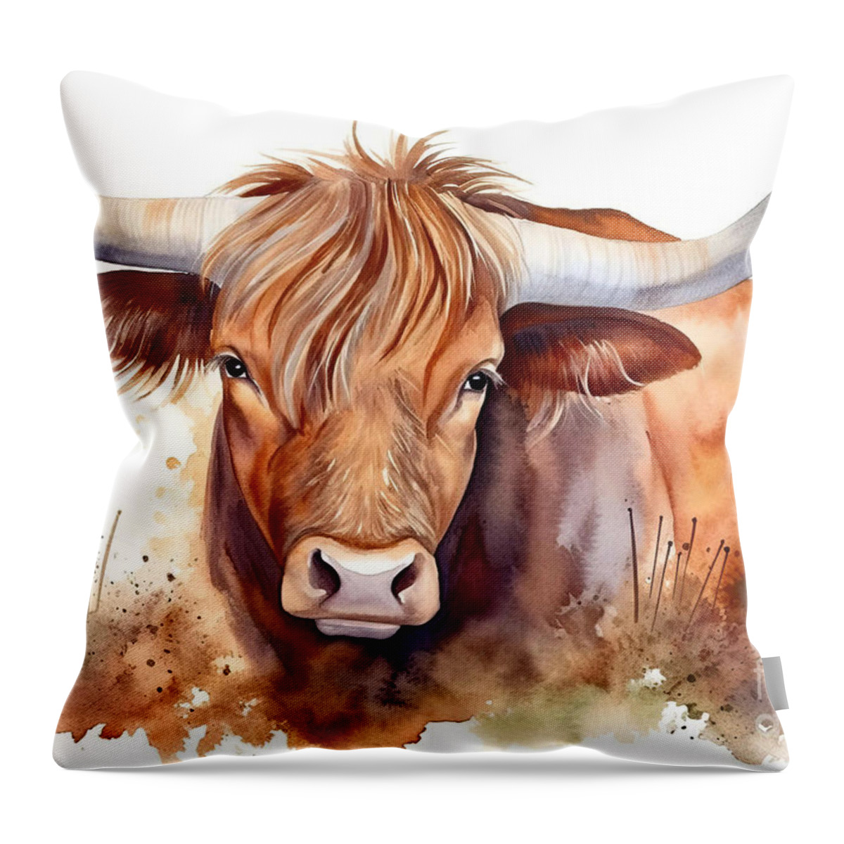 Watercolor Throw Pillow featuring the painting Watercolor illustration of a brown long-horned bull by N Akkash