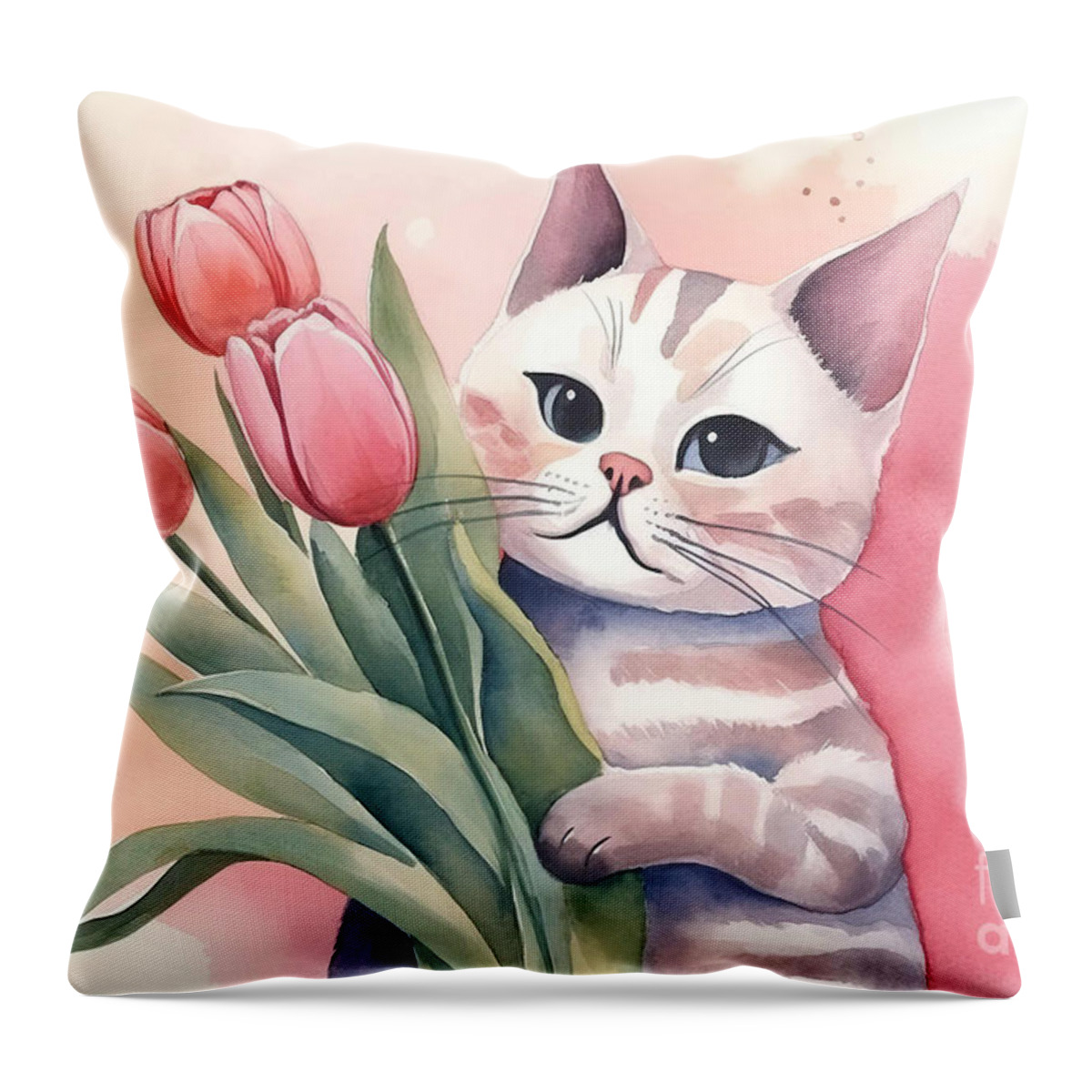 Cat Throw Pillow featuring the painting Watercolor Illustration of a Cute Cat Holding A Bouquet Of Tulip by N Akkash