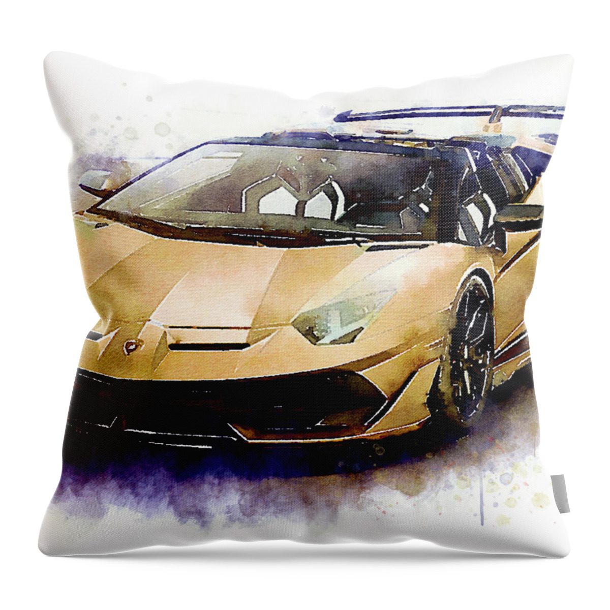 Watercolor Throw Pillow featuring the painting Watercolor Lamborghini Aventador - oryginal artwork by Vart