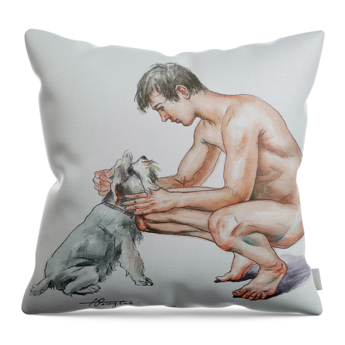 Male Nude Throw Pillow featuring the painting watercolor -Man and dog #20711 by Hongtao Huang