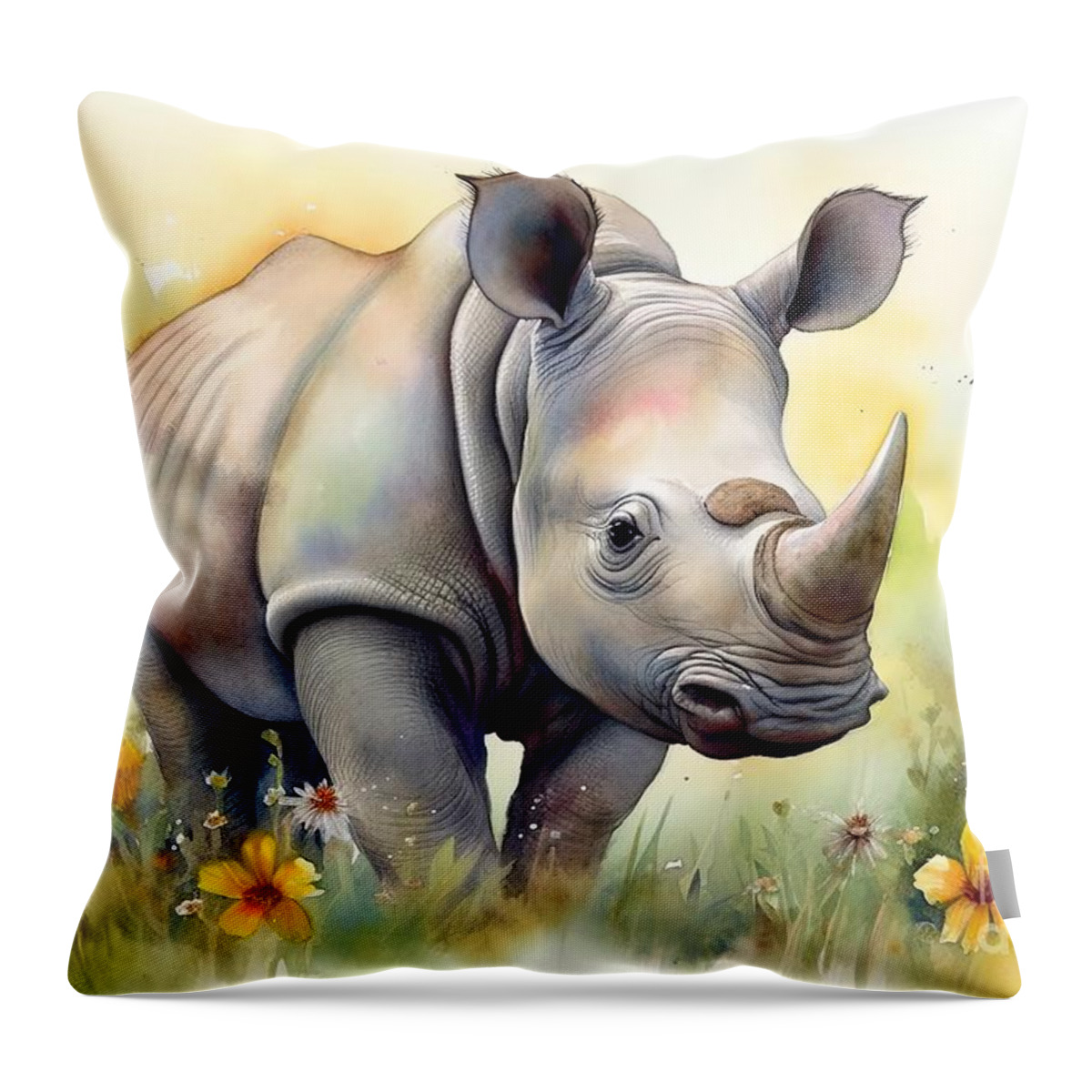 Rhino Throw Pillow featuring the painting Watercolor painting of a cute baby rhino on a blooming meadow. Baby rhino. Aquarelle illustration by N Akkash