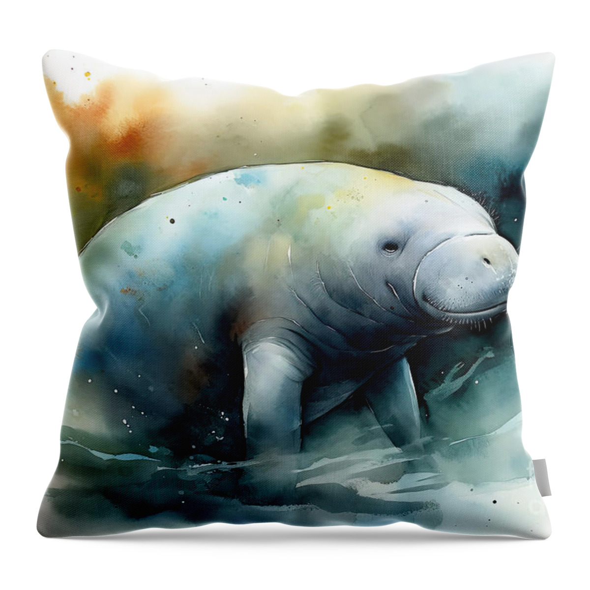 Manatee Throw Pillow featuring the painting Watercolor painting of a manatee. by N Akkash