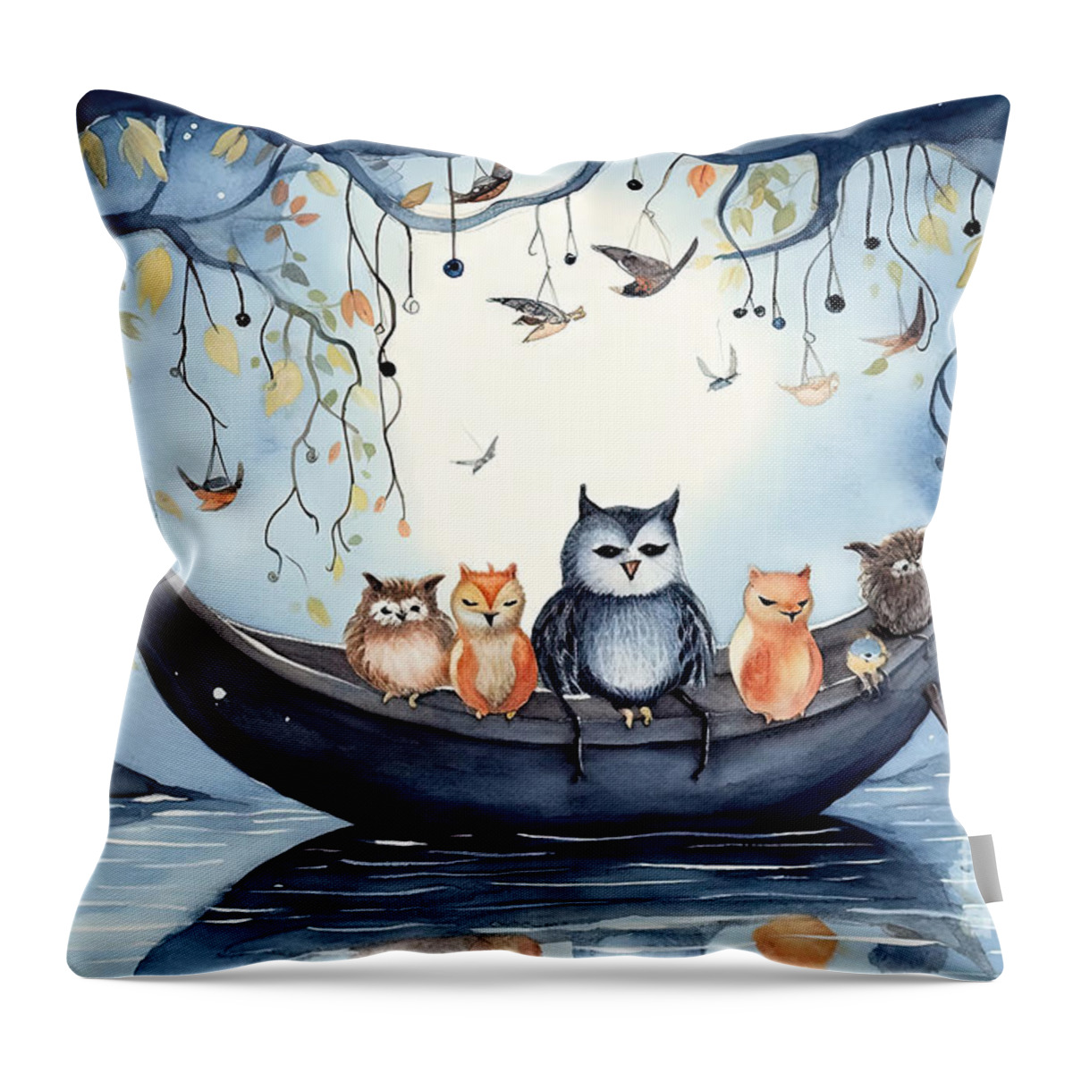Animal Throw Pillow featuring the painting Watercolor picture of a mouse in a boat on the river with owls a by N Akkash