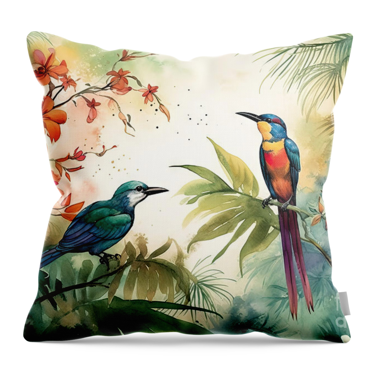 Watercolor Throw Pillow featuring the painting Watercolor tropical scene with leaves. flowers, and birds. by N Akkash