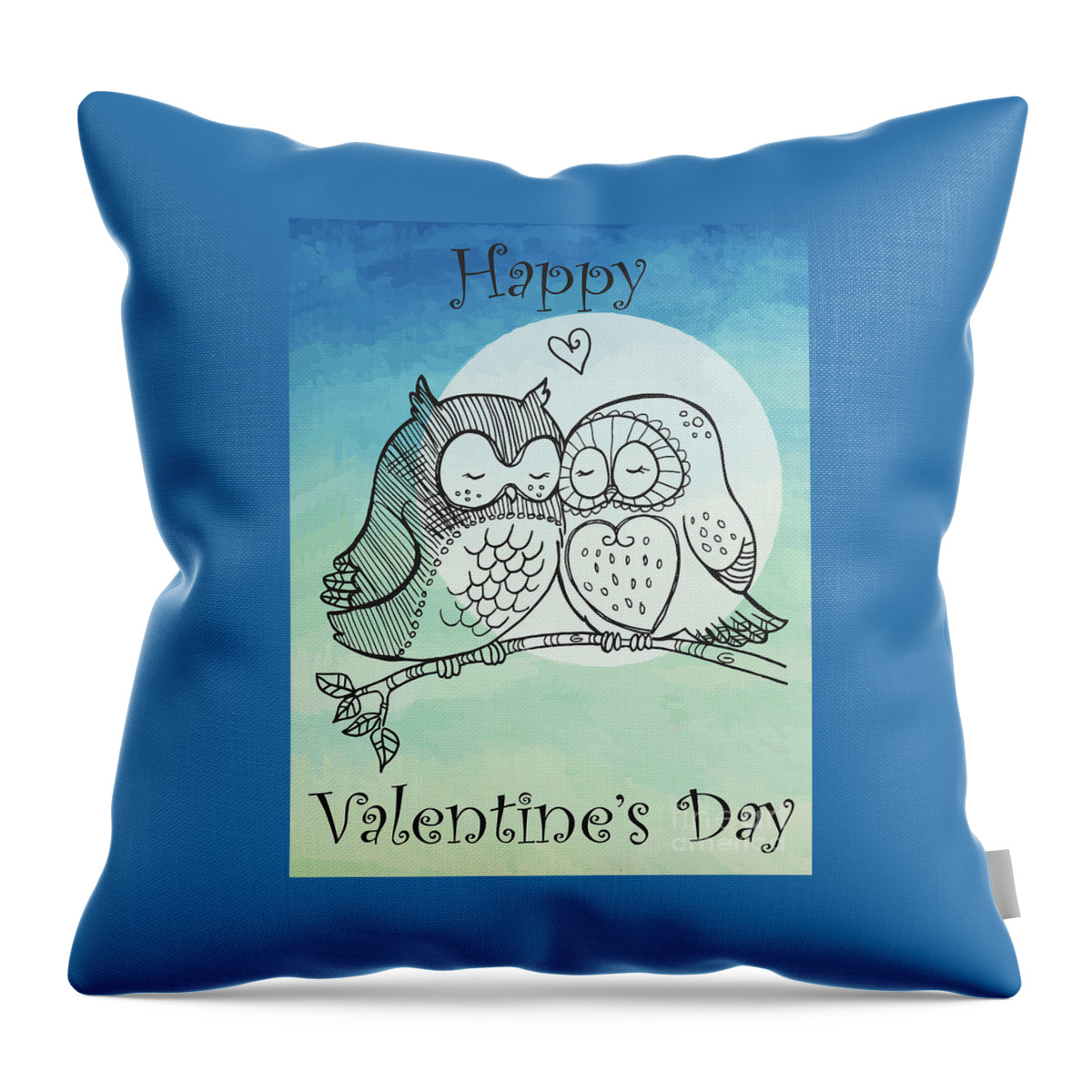 Valentine Gift Throw Pillow featuring the drawing Watercolor Valentine Owl Couple In Love Art Print Cute Couple Owls In Love On A Tree Branch by Mounir Khalfouf