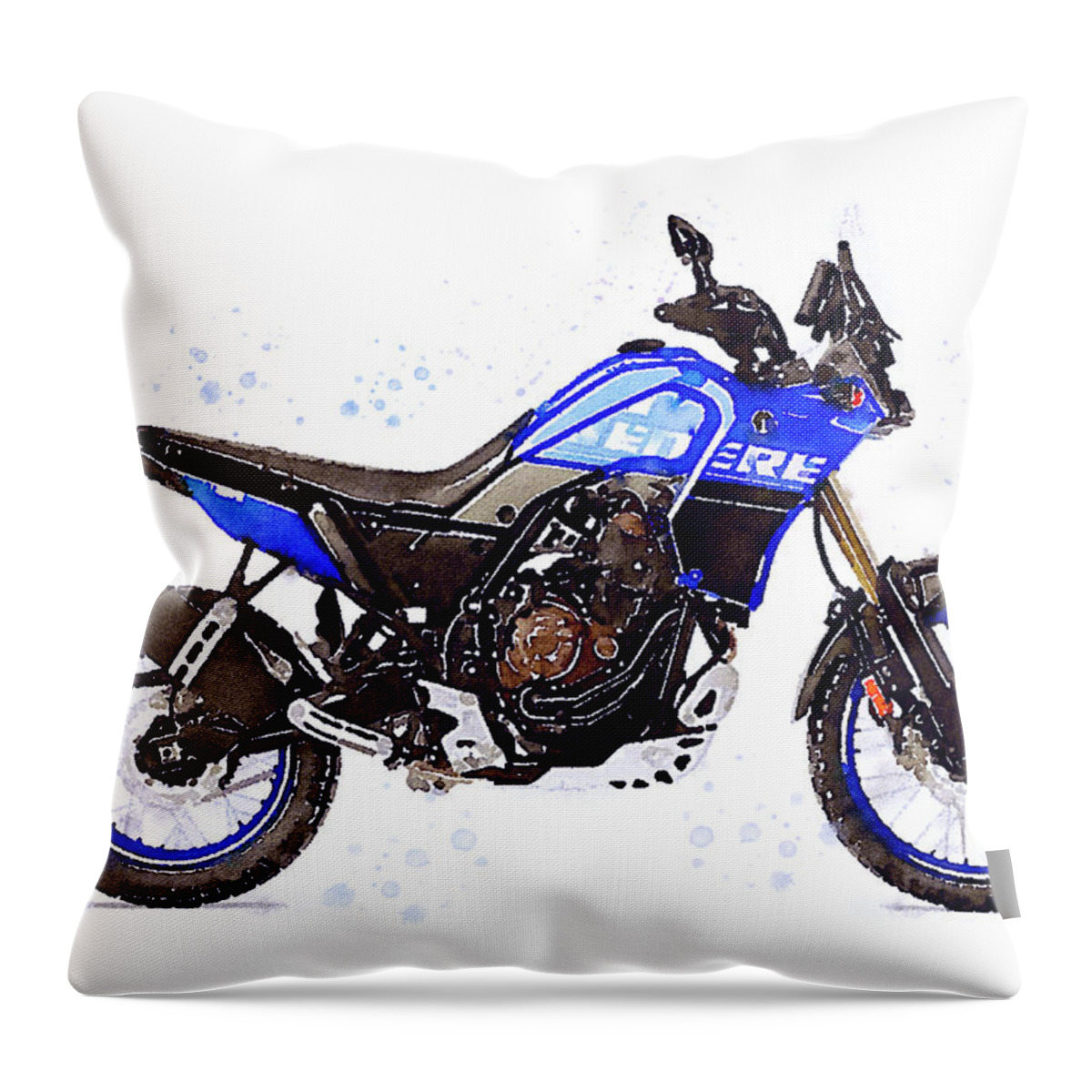 Adventure Throw Pillow featuring the painting Watercolor Yamaha Tenere 700 blue motorcycle - oryginal artwork by Vart. by Vart Studio
