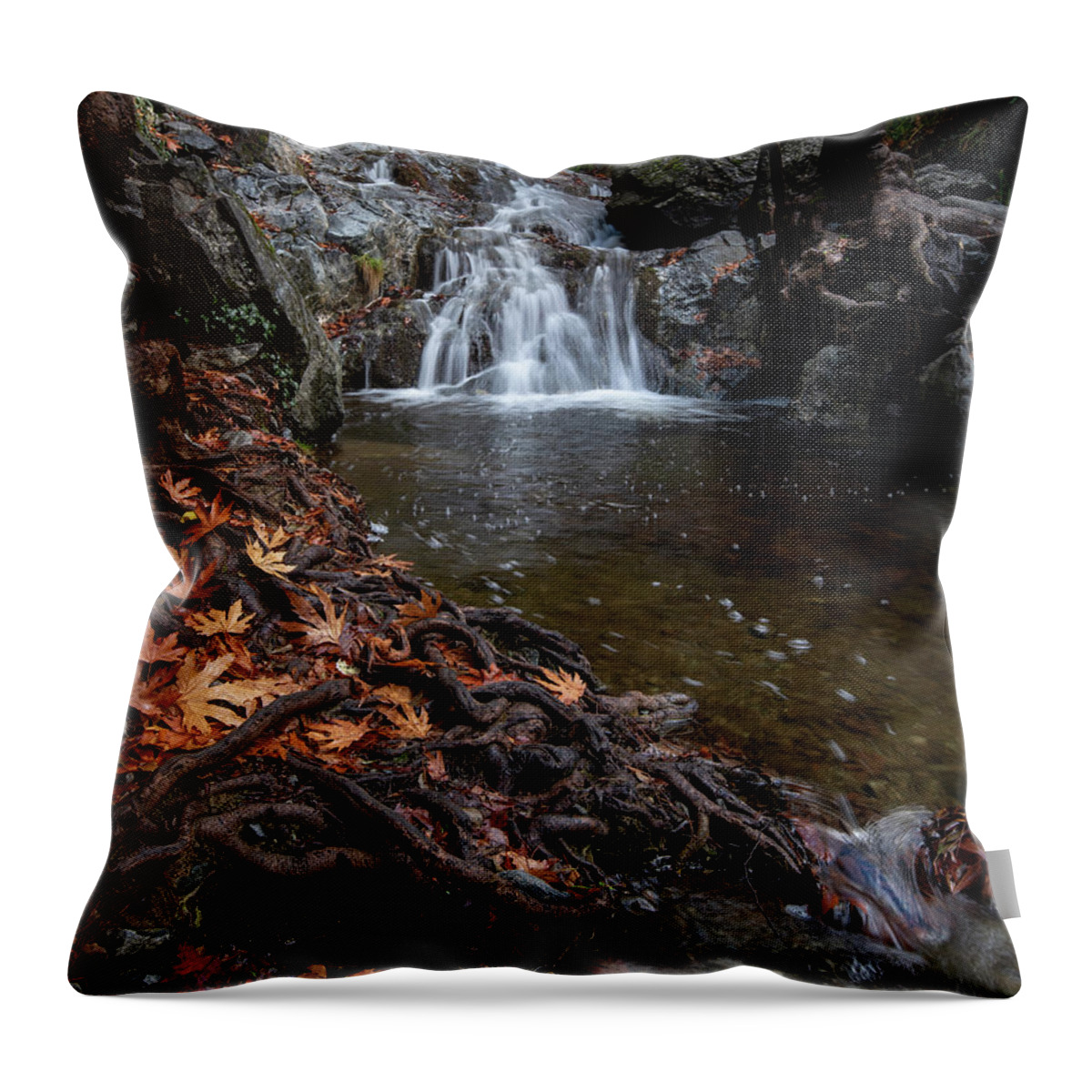 Waterfall Throw Pillow featuring the photograph Waterfall in autumn. by Michalakis Ppalis