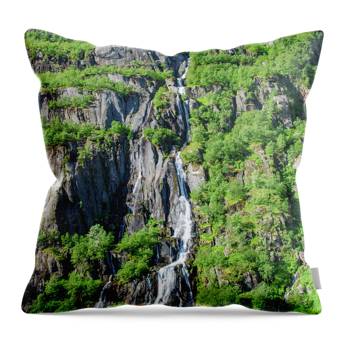 Norway Throw Pillow featuring the photograph Waterfall in Trollfjord, Lofoten Islands, Norway by Nancy Gleason
