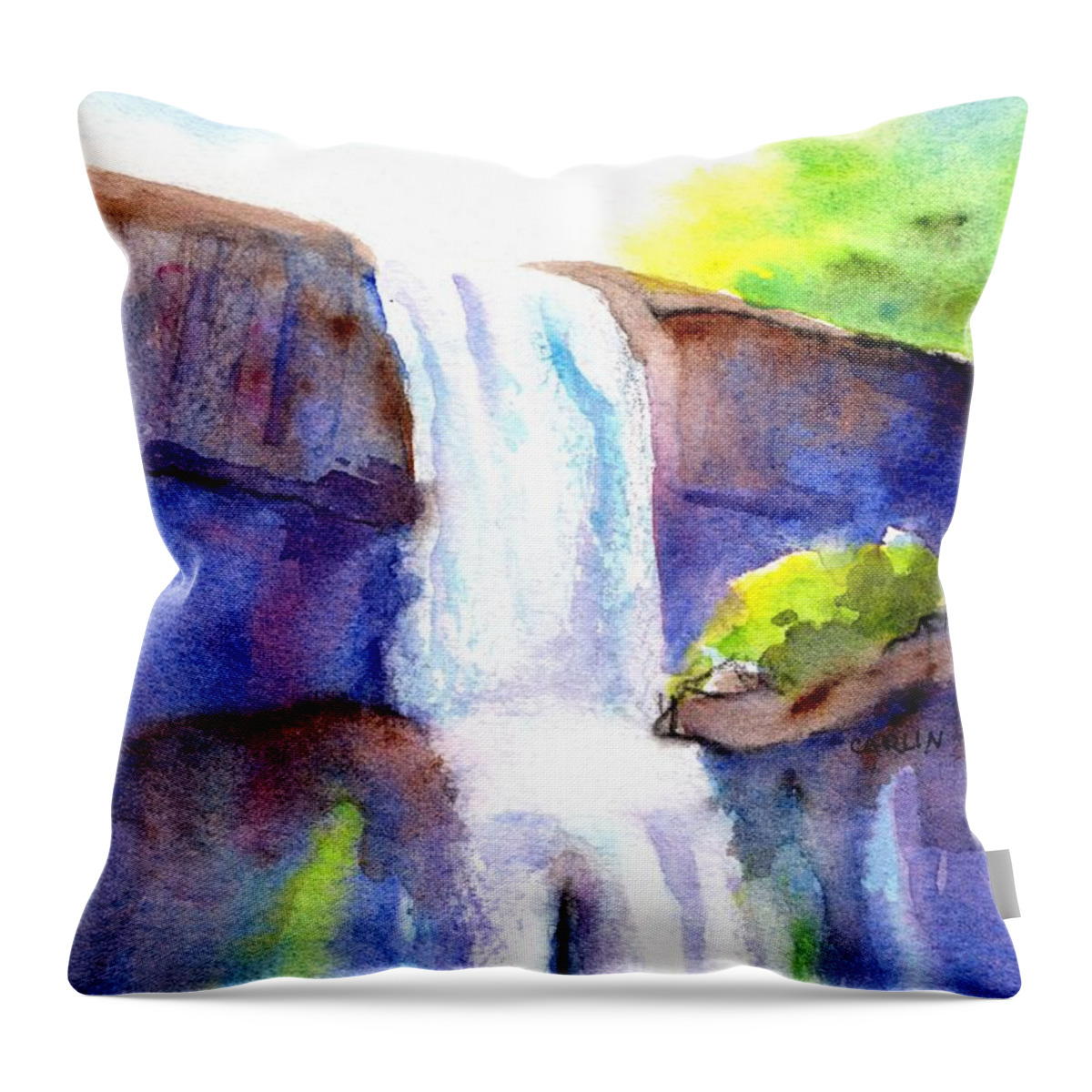 Waterfall Throw Pillow featuring the painting Waterfall Sunny Day by Carlin Blahnik CarlinArtWatercolor