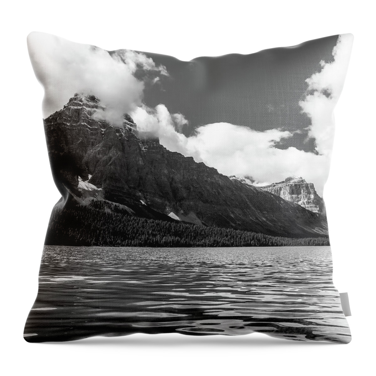 Waterfowl Lake Black And White Throw Pillow featuring the photograph Waterfowl Lake Black And White by Dan Sproul