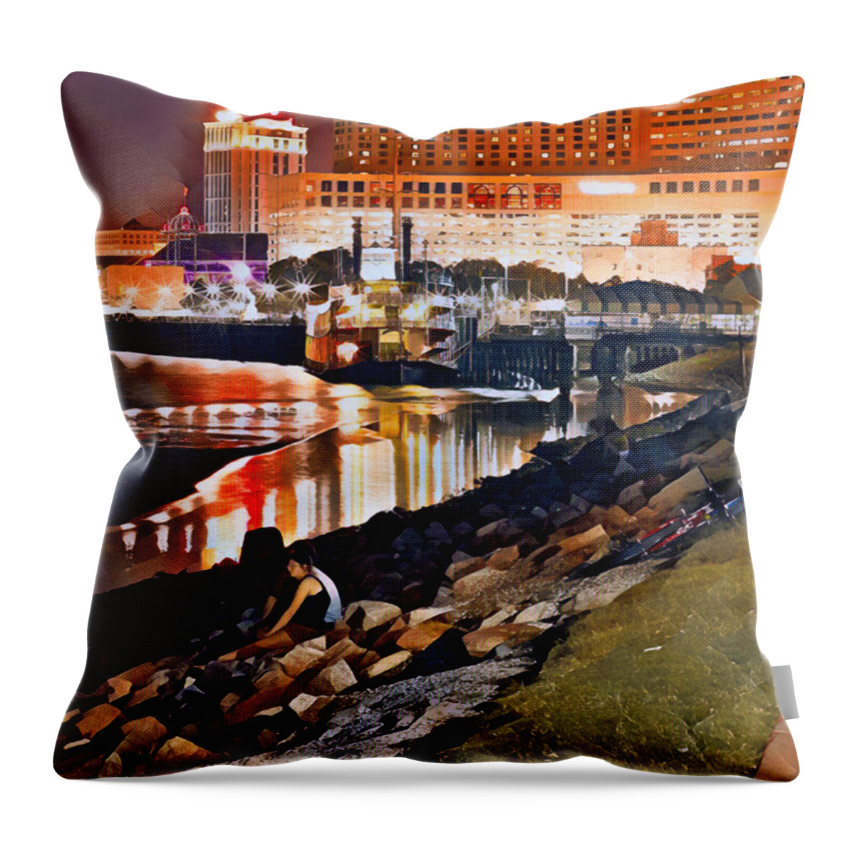 Nola Throw Pillow featuring the painting Waterfront New Orleans, Summer Night by Eyes Of CC