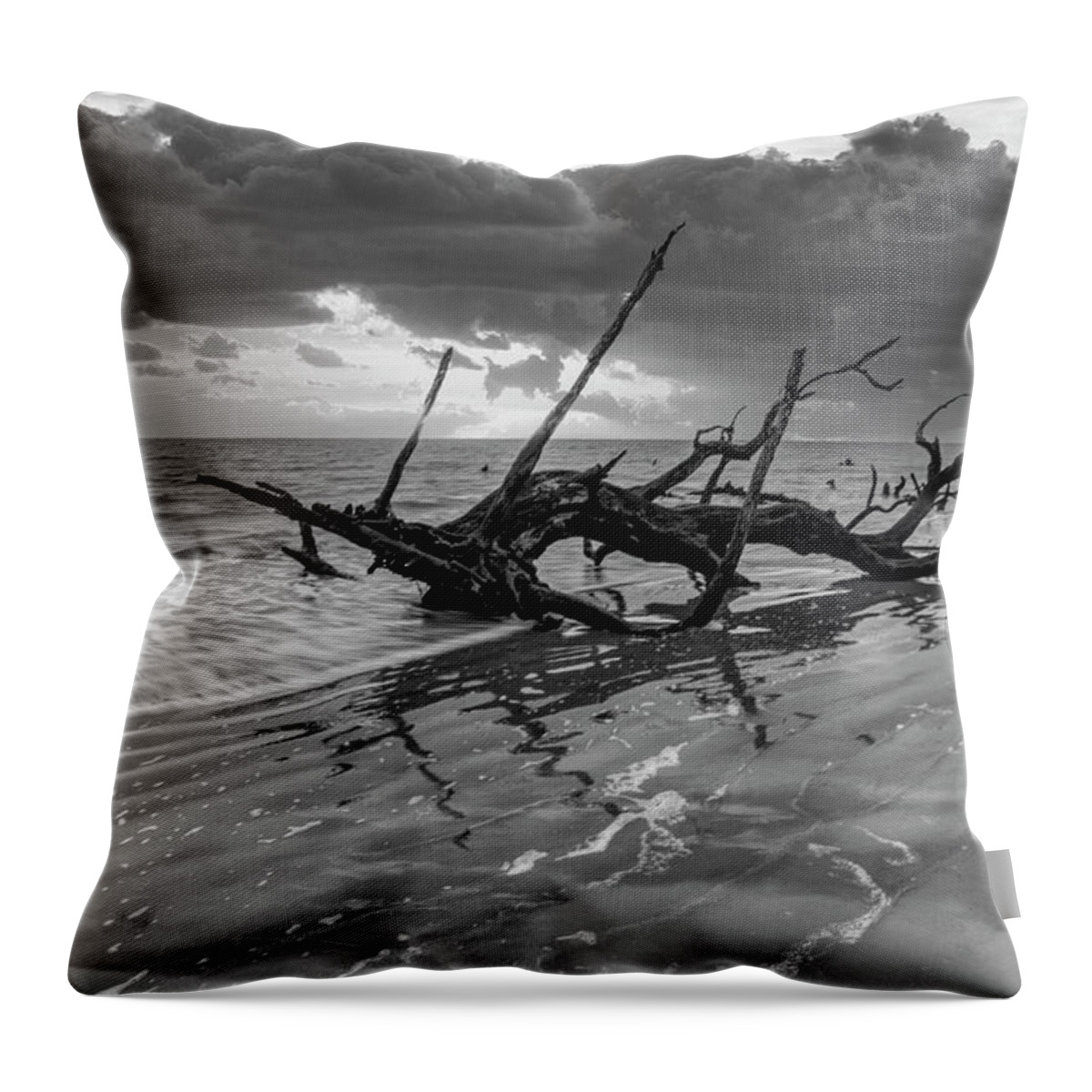 Black Throw Pillow featuring the photograph Waves at Sunrise Jekyll Island Black and White by Debra and Dave Vanderlaan