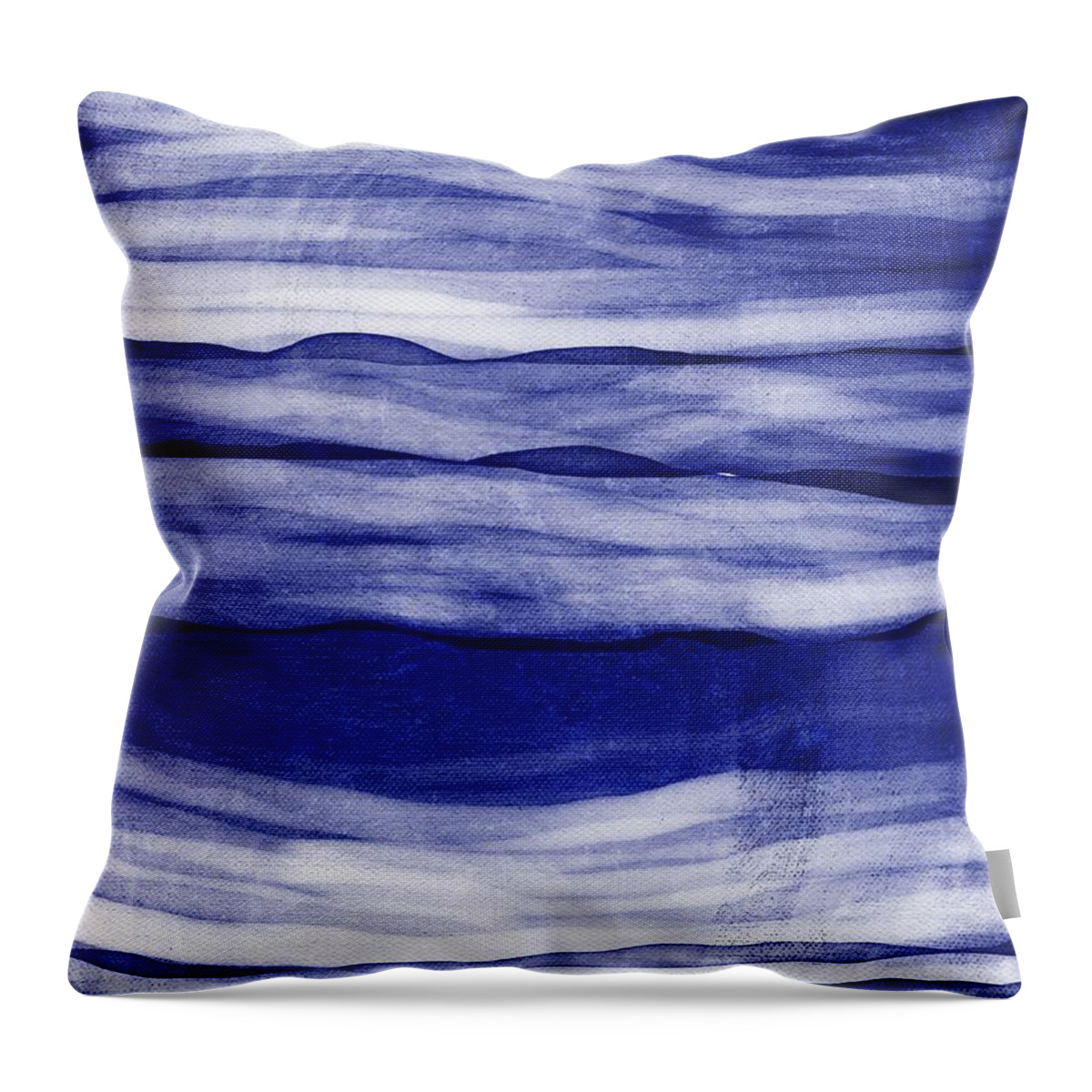 Wavy Throw Pillow featuring the painting Wavy Horizons Blue and White Stripes by Itsonlythemoon