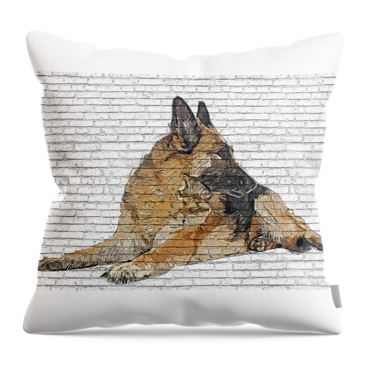German Throw Pillow featuring the painting Way too cool, German Shepherd Dog - Brick Block Background by Custom Pet Portrait Art Studio