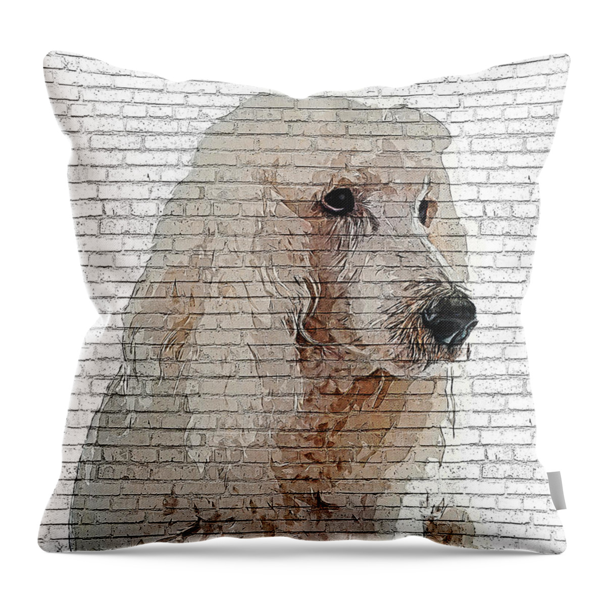 Standard Throw Pillow featuring the painting Way too cool, Standard Poodle Dog - Brick Block Background by Custom Pet Portrait Art Studio