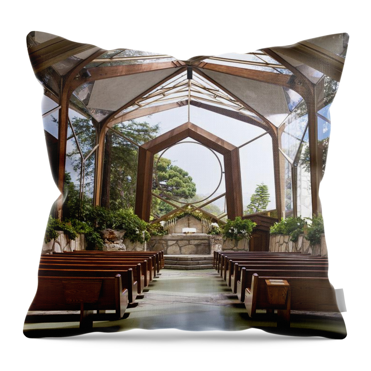  Throw Pillow featuring the painting Wayfarers Chapel also known as The Glass Church is located in Rancho Palos Verdes California It is n by Les Classics