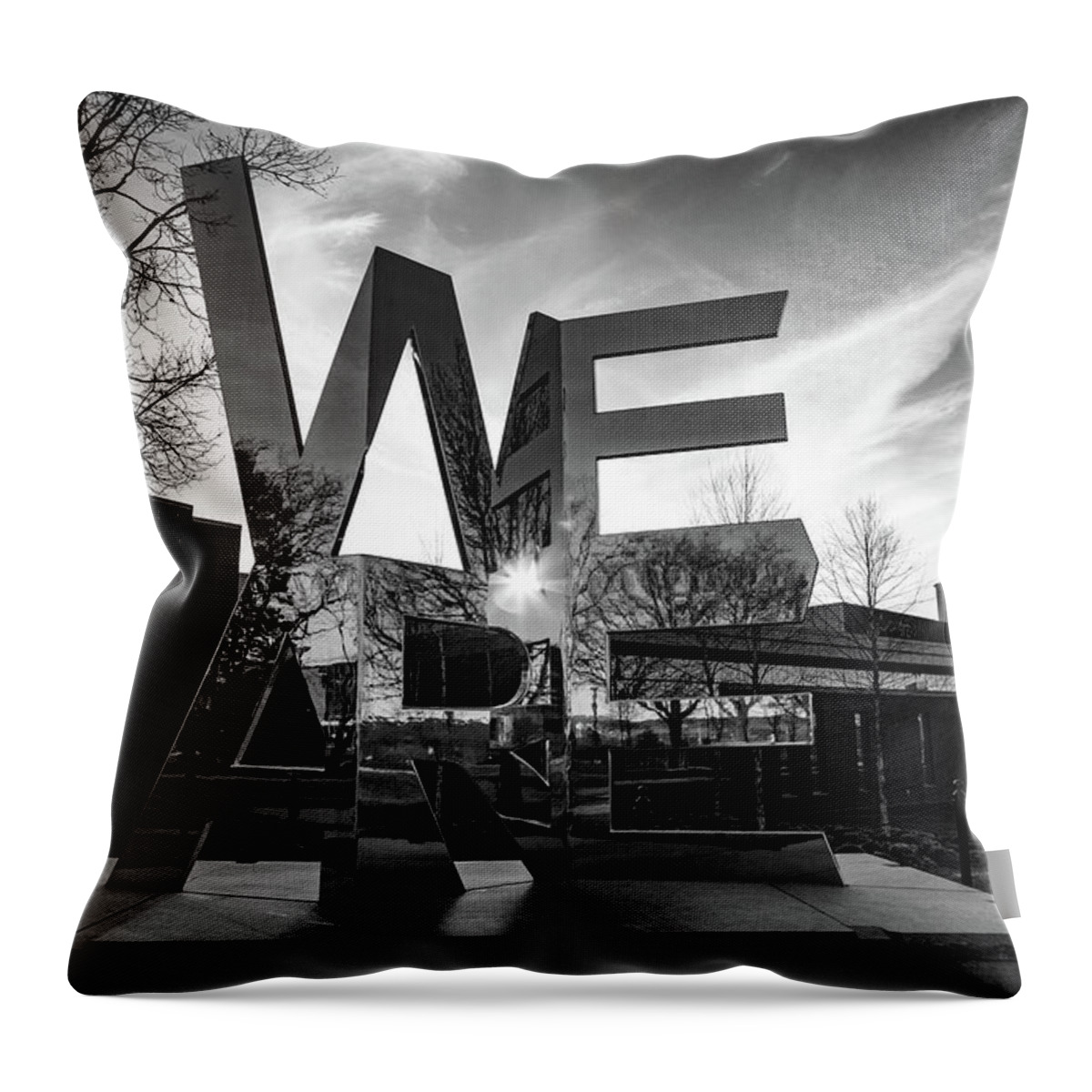 State College Pennsylvania Throw Pillow featuring the photograph We Are sculpture at Penn State University in black and white by Eldon McGraw