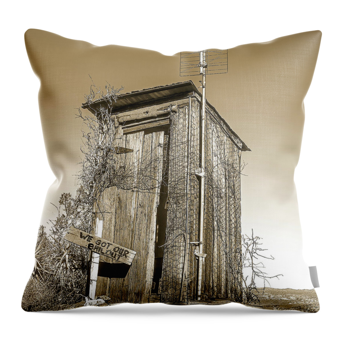 Outhouse Throw Pillow featuring the photograph We Got Our Bailout Sepia, Outhouse, California Ghost Town by Don Schimmel