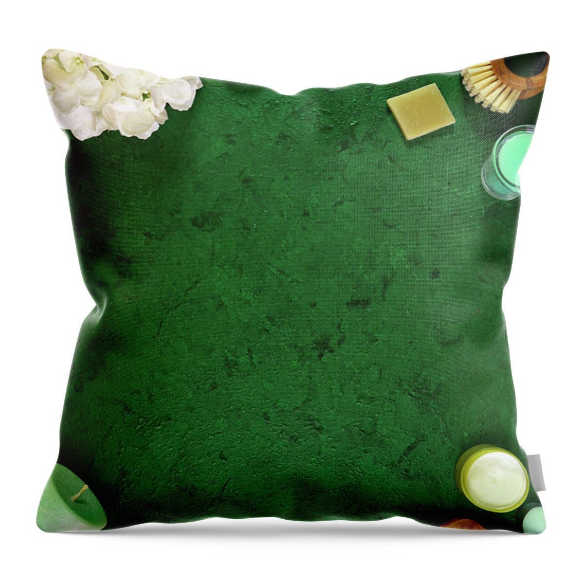 Self Care Throw Pillow featuring the photograph Wellness background framed by pro environmental plastic free beauty products by Milleflore Images