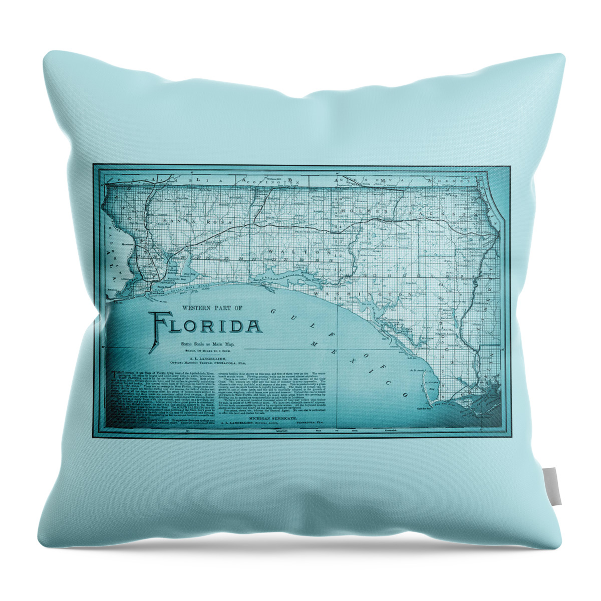 Florida Map Throw Pillow featuring the photograph Western Florida Vintage Map 1890 Ocean Blue by Carol Japp