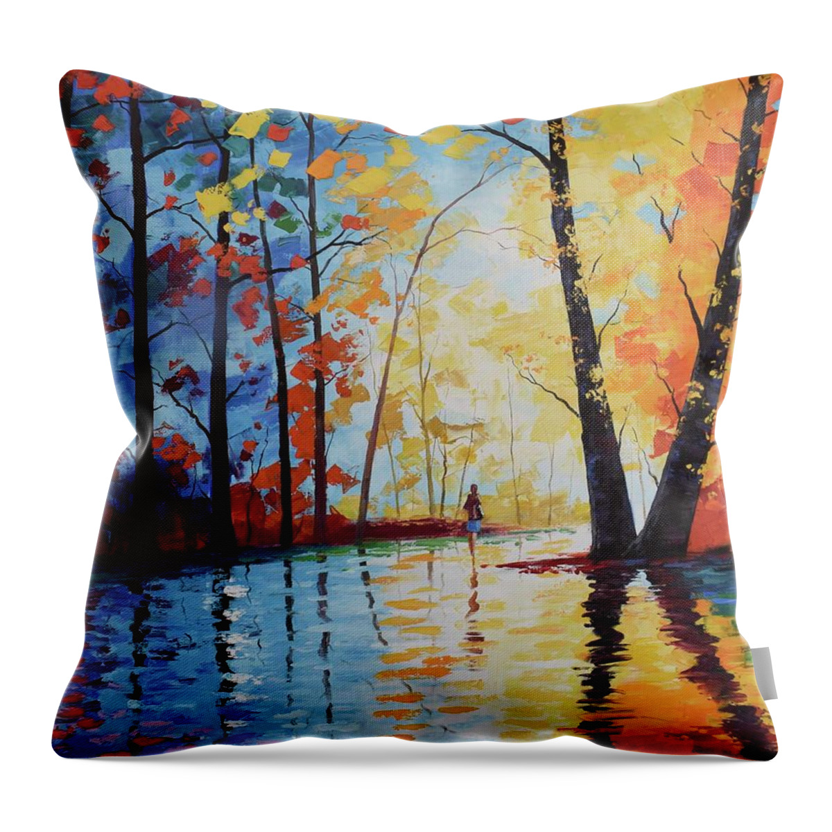 Rainy Throw Pillow featuring the painting Wet Autumn road by Graham Gercken