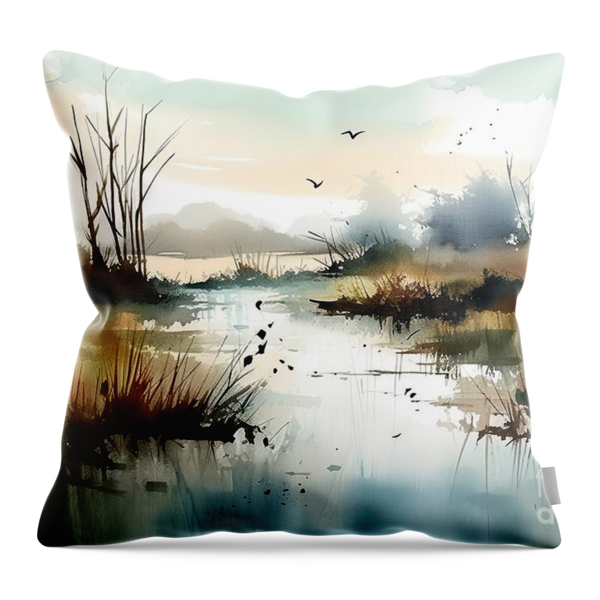 Wetland Throw Pillow featuring the painting Wetlands, watercolour style by N Akkash