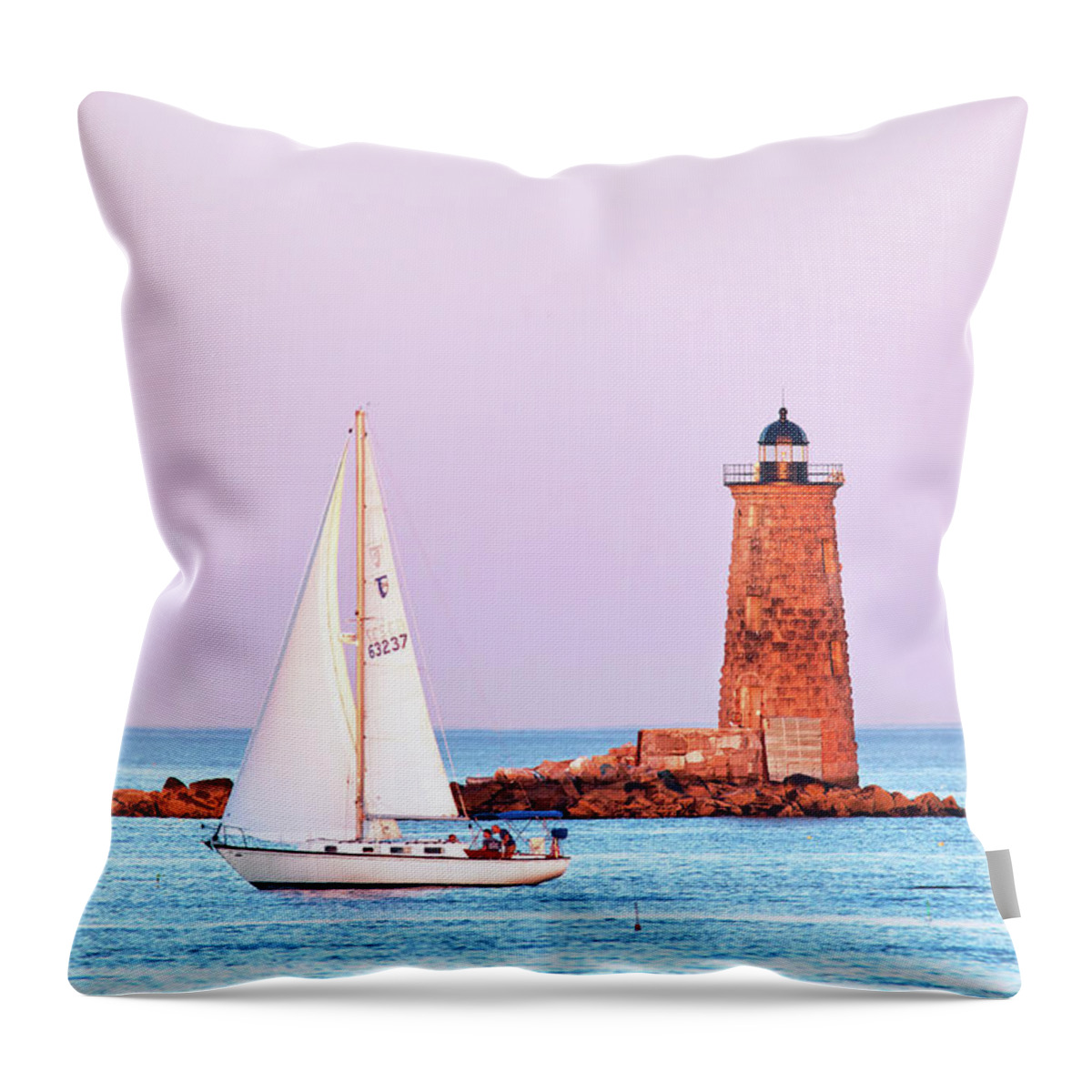 Nh Throw Pillow featuring the photograph Whaleback Lighthouse and Sailboat by Eric Gendron