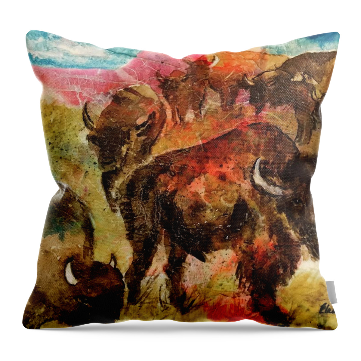 Buffalo Throw Pillow featuring the painting Where Buffalo Roam by Elaine Elliott