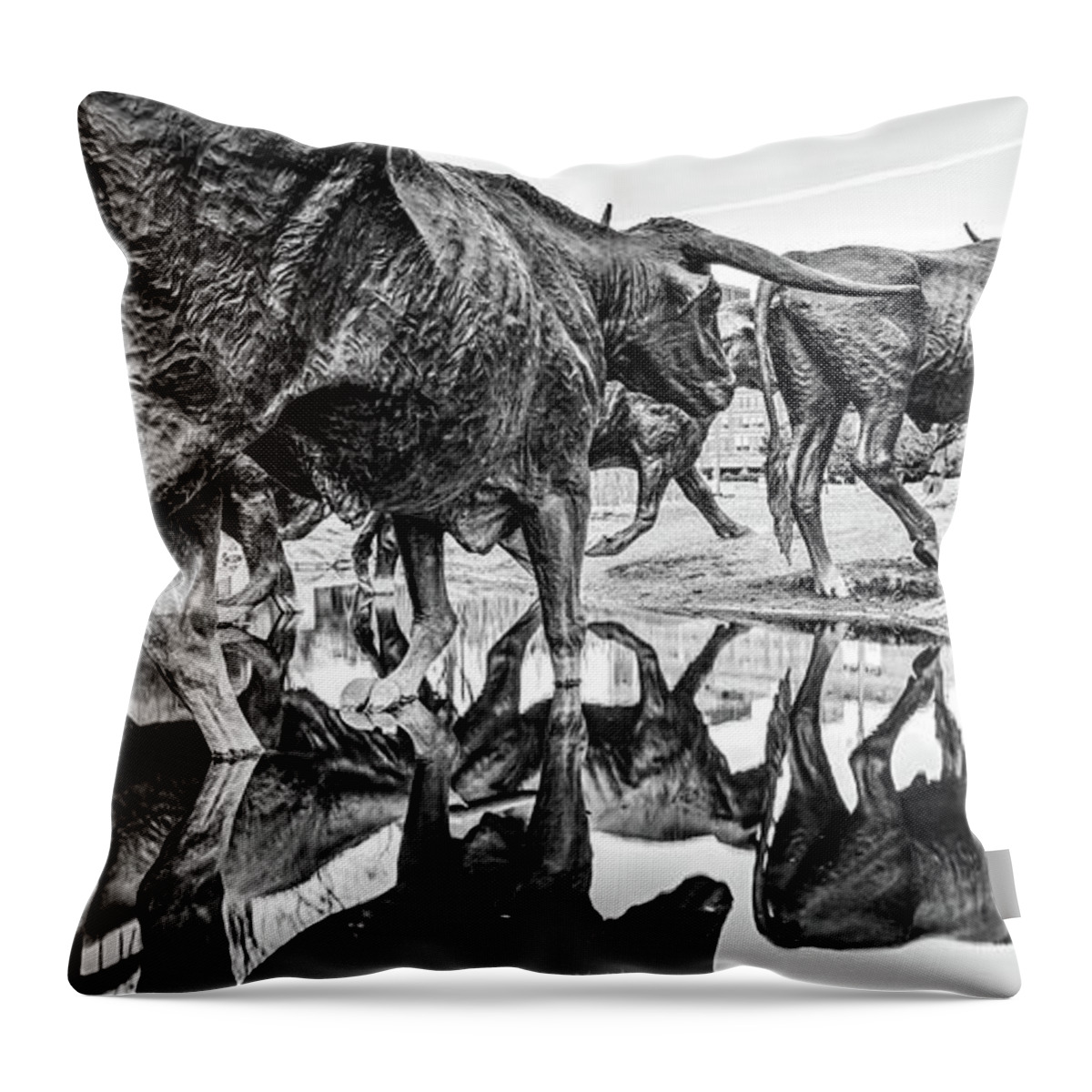 Dallas Skyline Throw Pillow featuring the photograph Where The Longhorns Gather - Dallas Texas BW Panorama by Gregory Ballos