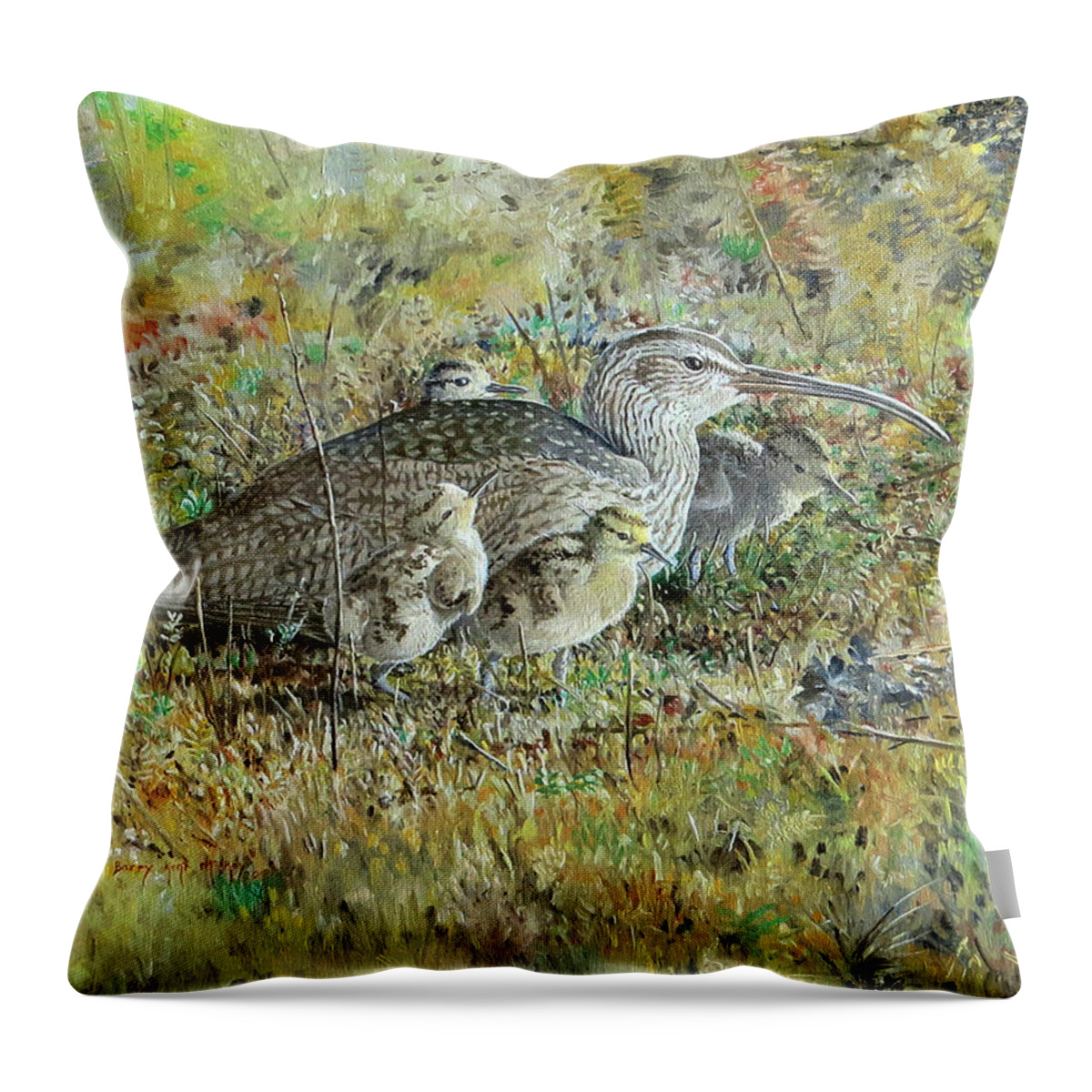Barry Kent Mackay Throw Pillow featuring the painting Whimbrel with Chicks by Barry Kent MacKay