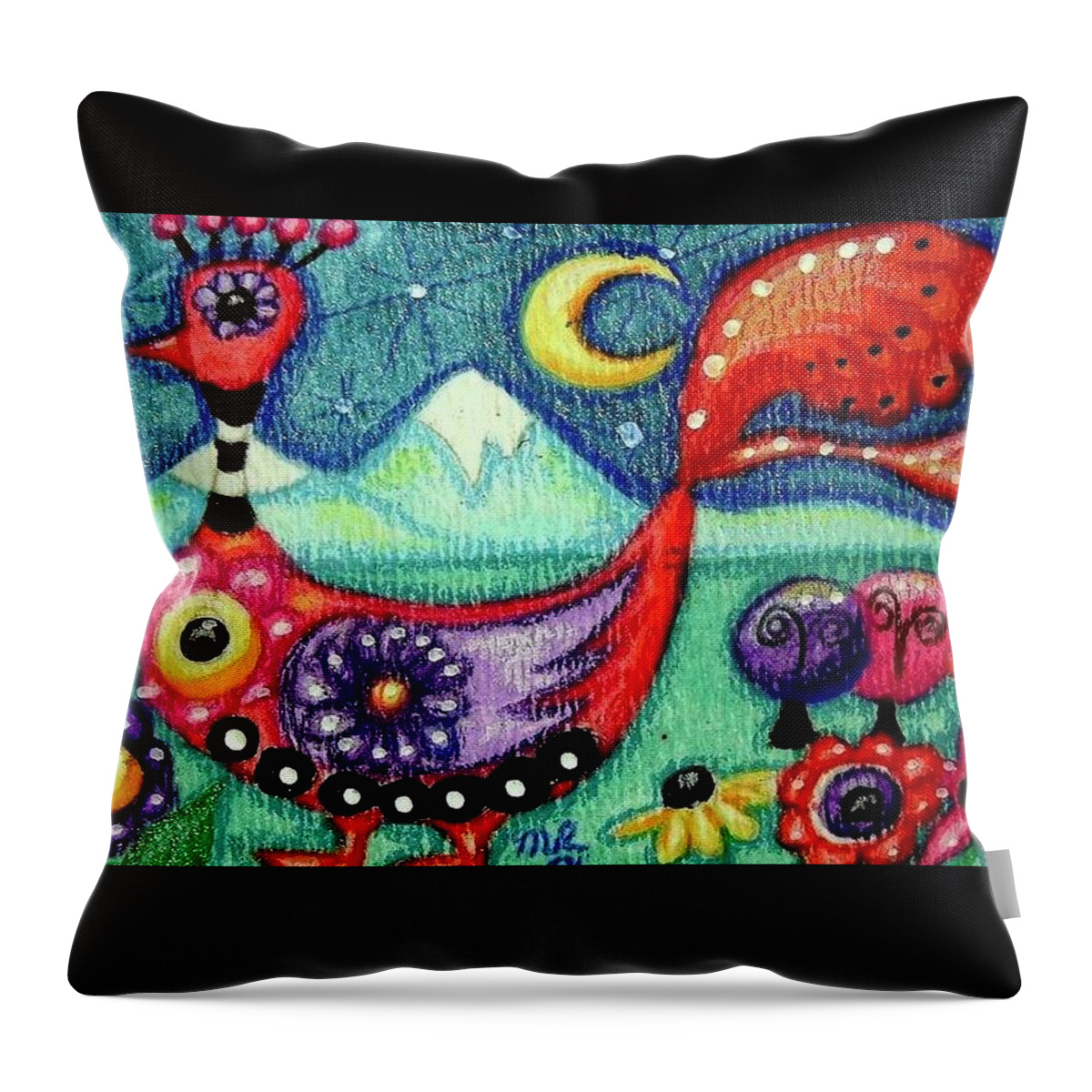 Whimsical Bird Painting Throw Pillow featuring the painting Whimsical Bird At Night by Monica Resinger