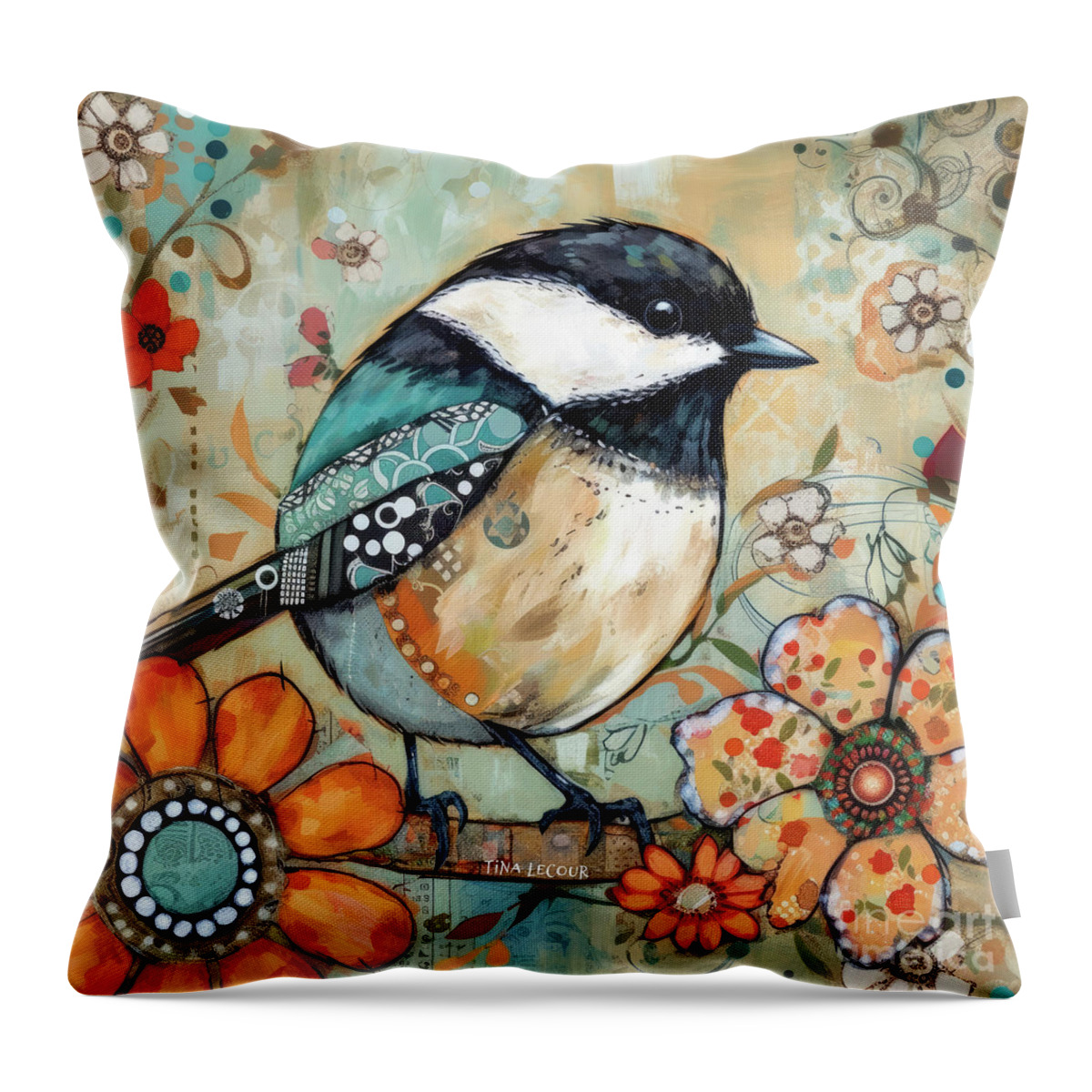 Black Capped Chickadee Throw Pillow featuring the painting Whimsical Black Capped Chickadee by Tina LeCour