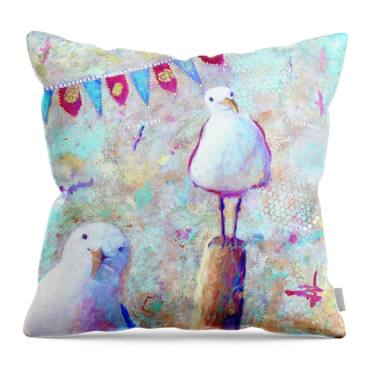 Seagulls Throw Pillow featuring the painting Whimsical Colorful Seagulls by Patty Kay Hall