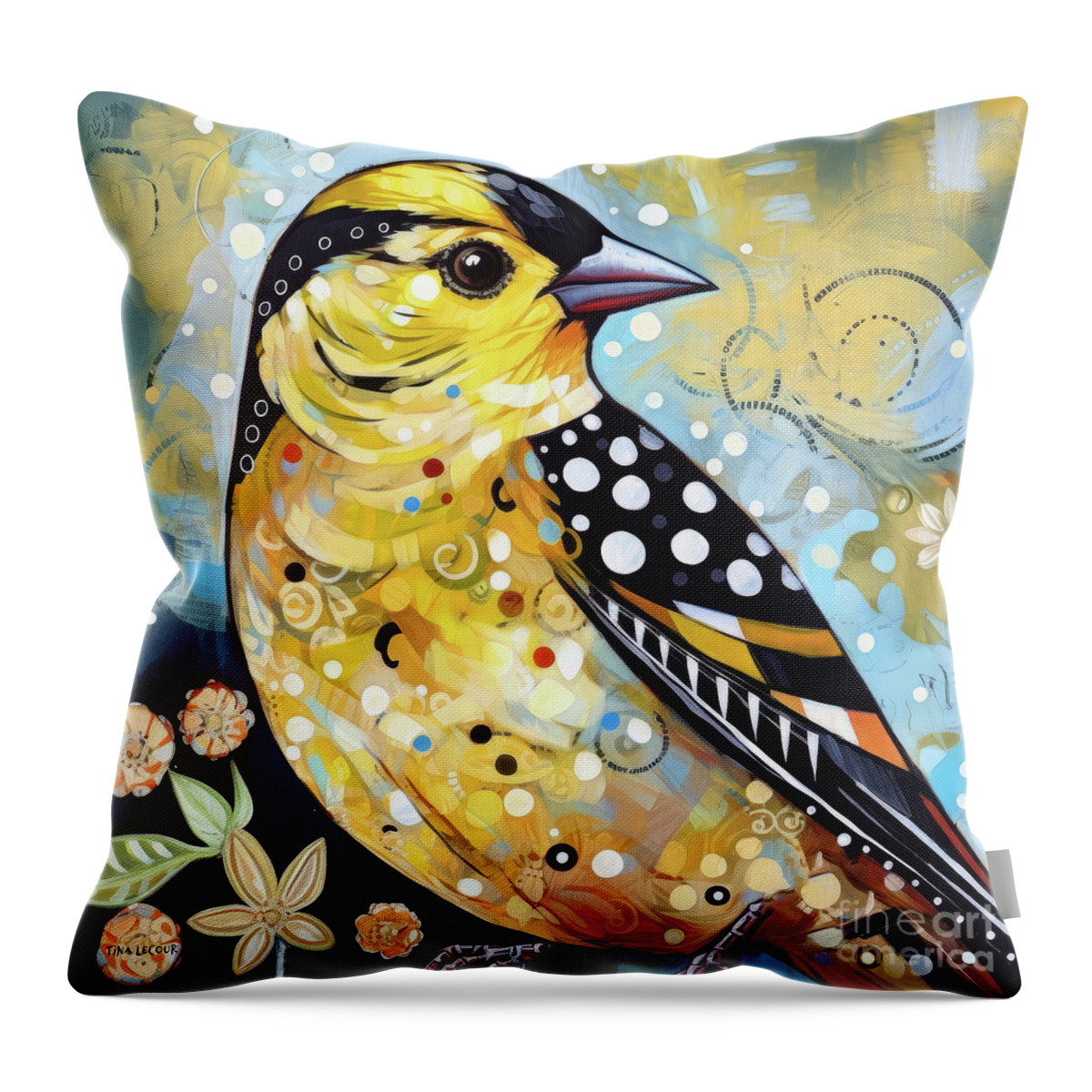 American Goldfinch Bird Throw Pillow featuring the painting Whimsical Spring Goldfinch by Tina LeCour