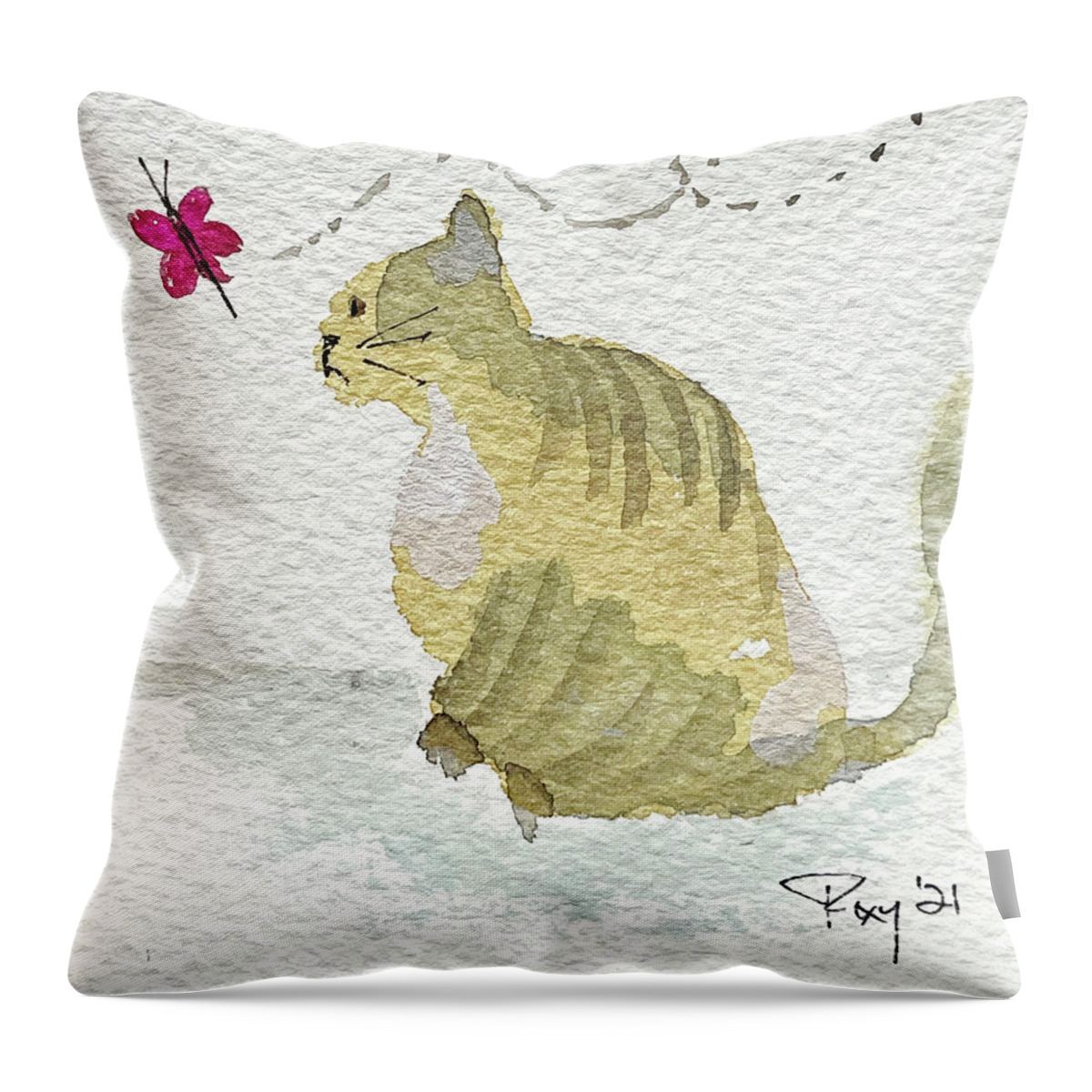 Watercolor Cat Painting Throw Pillow featuring the painting Whimsy Kitty 18 by Roxy Rich