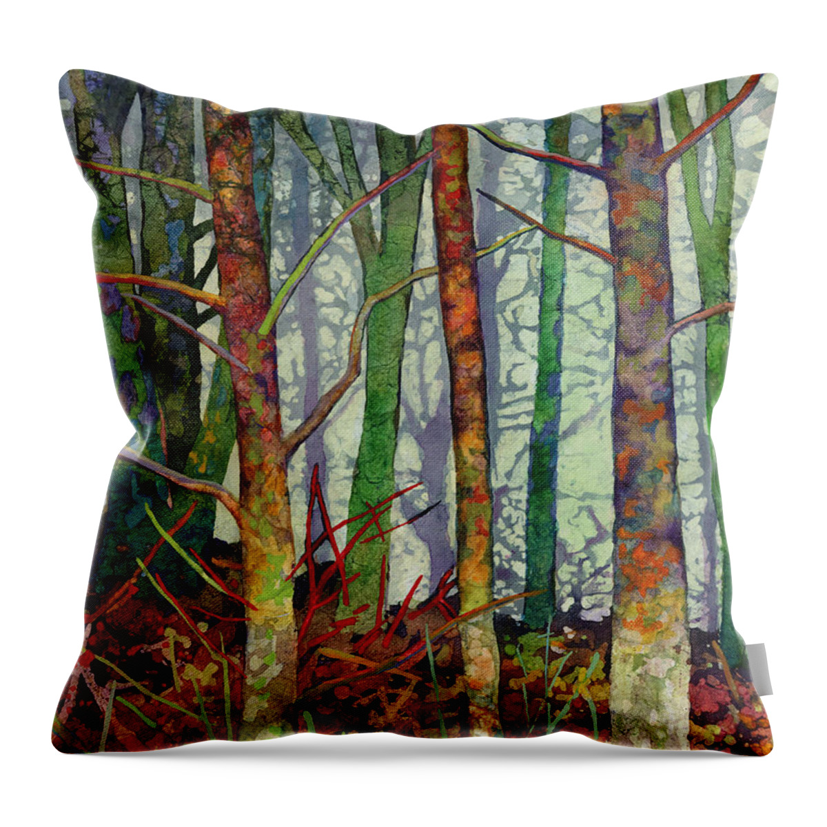 Abstract Forest Throw Pillow featuring the painting Whispering Forest by Hailey E Herrera