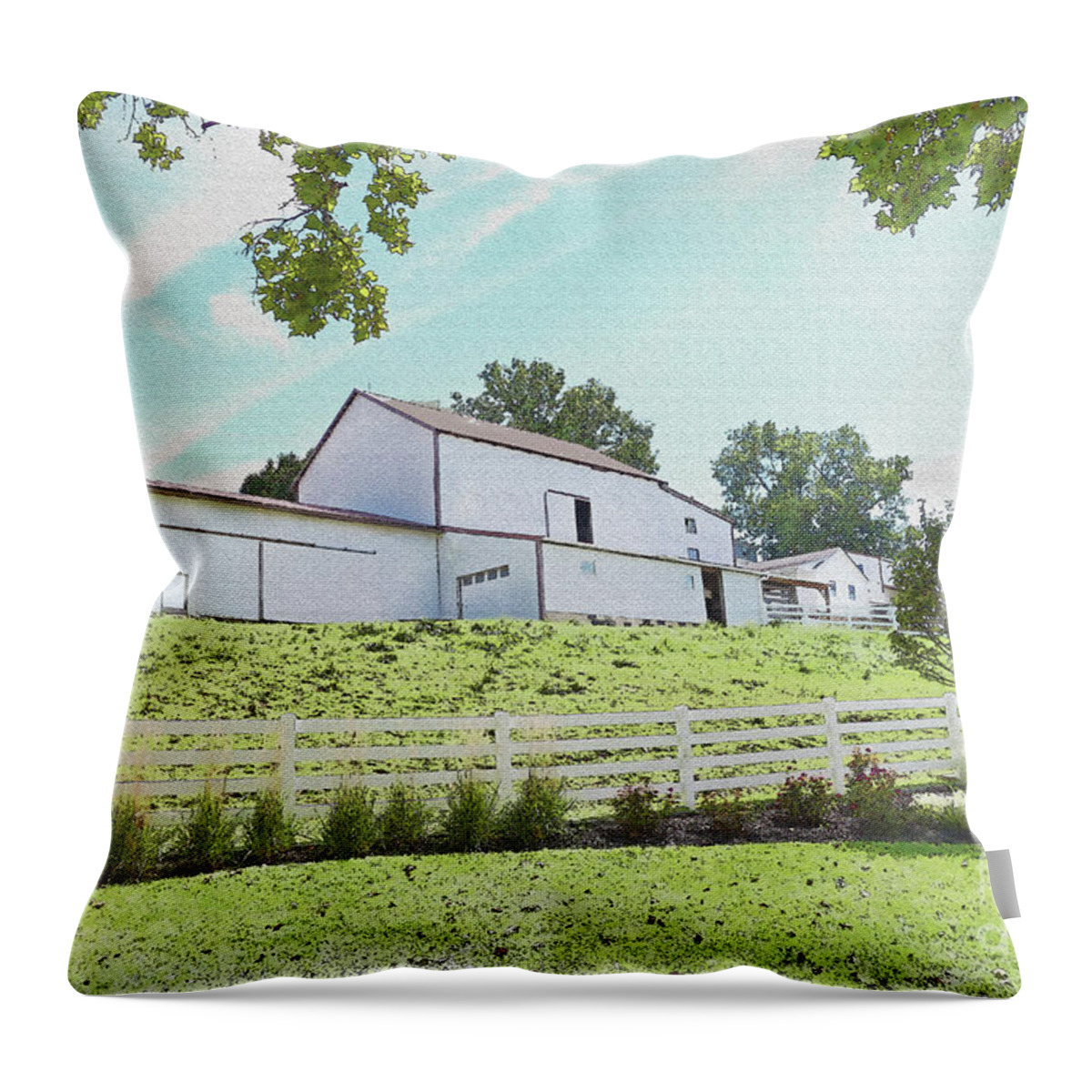 Barn Throw Pillow featuring the photograph White barn on a hill by Bentley Davis