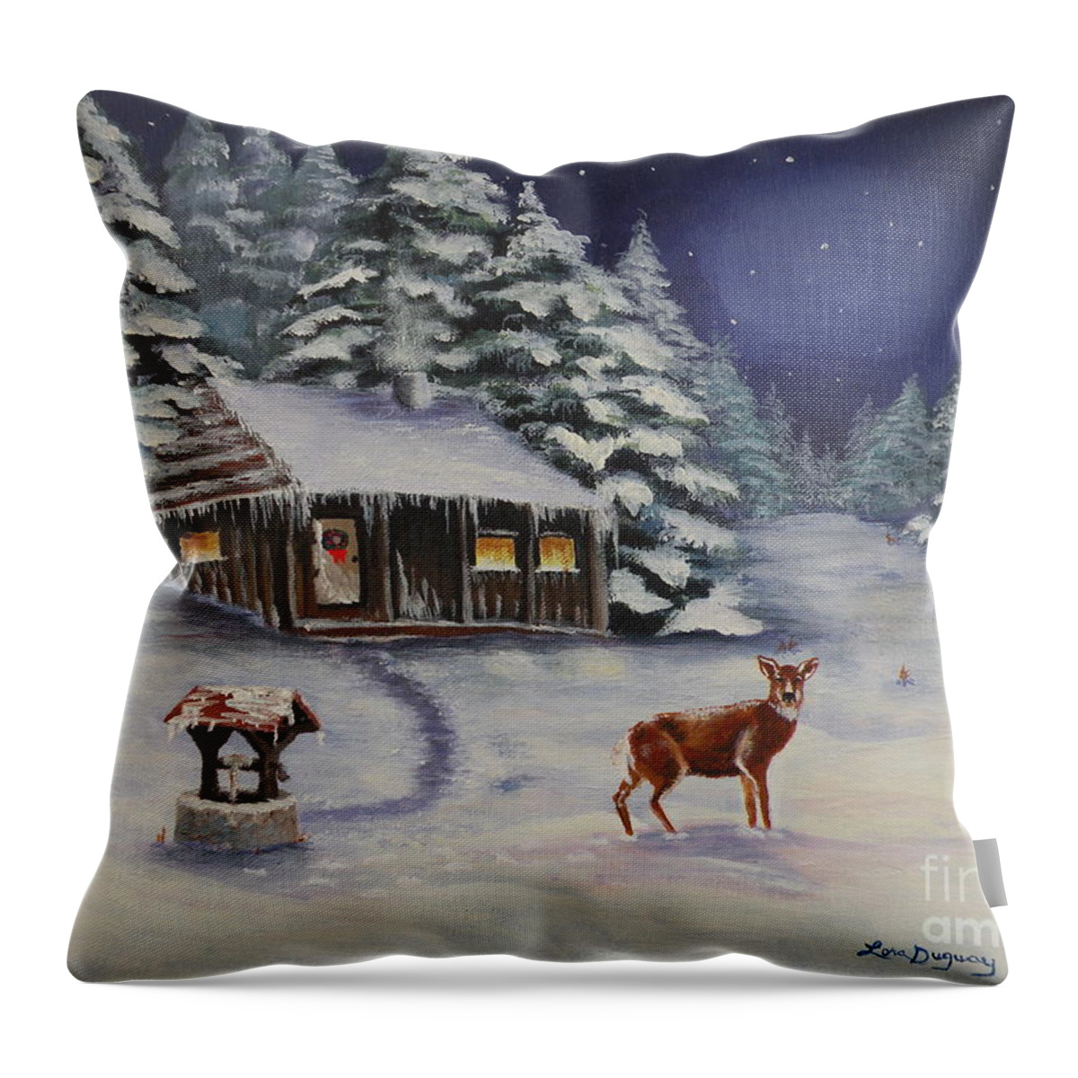 Snow Scene Throw Pillow featuring the painting White Christmas by Lora Duguay
