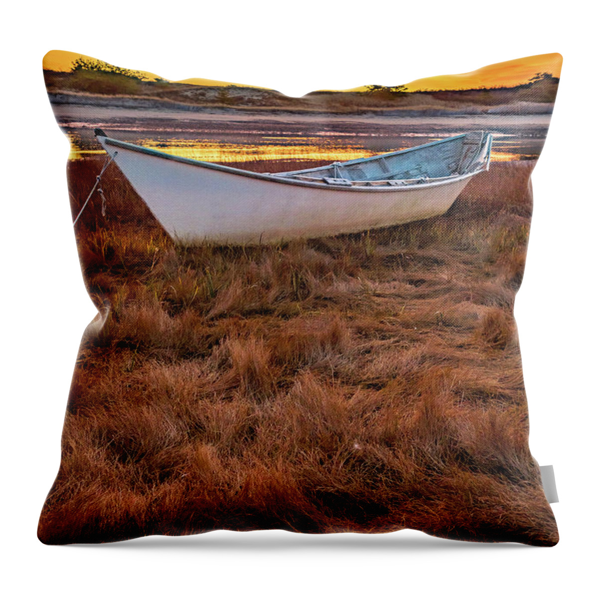 New Hampshire Throw Pillow featuring the photograph White Dory, Sunrise Fire by Jeff Sinon