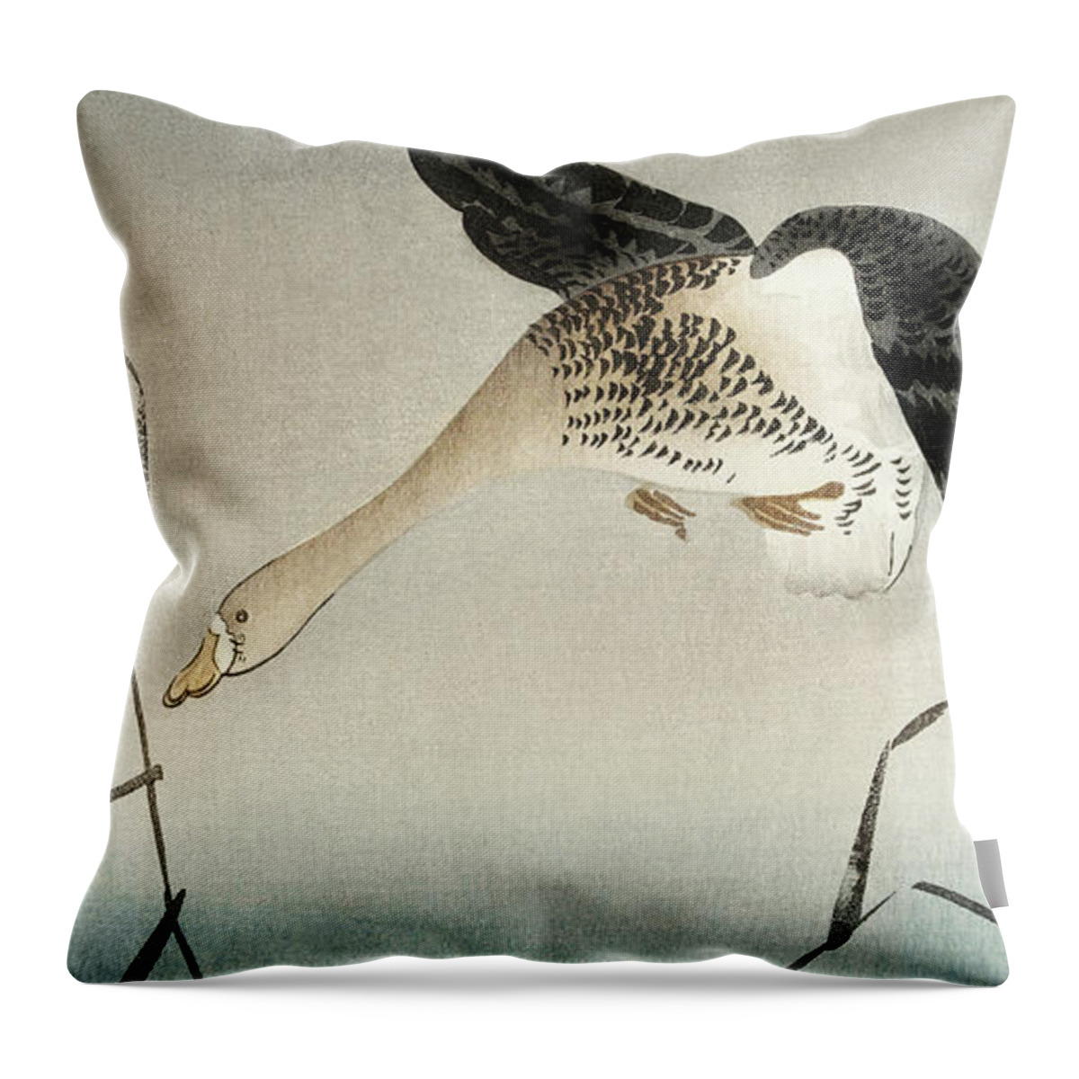 Bird Throw Pillow featuring the painting White-fronted goose at full moon by Ohara Koson